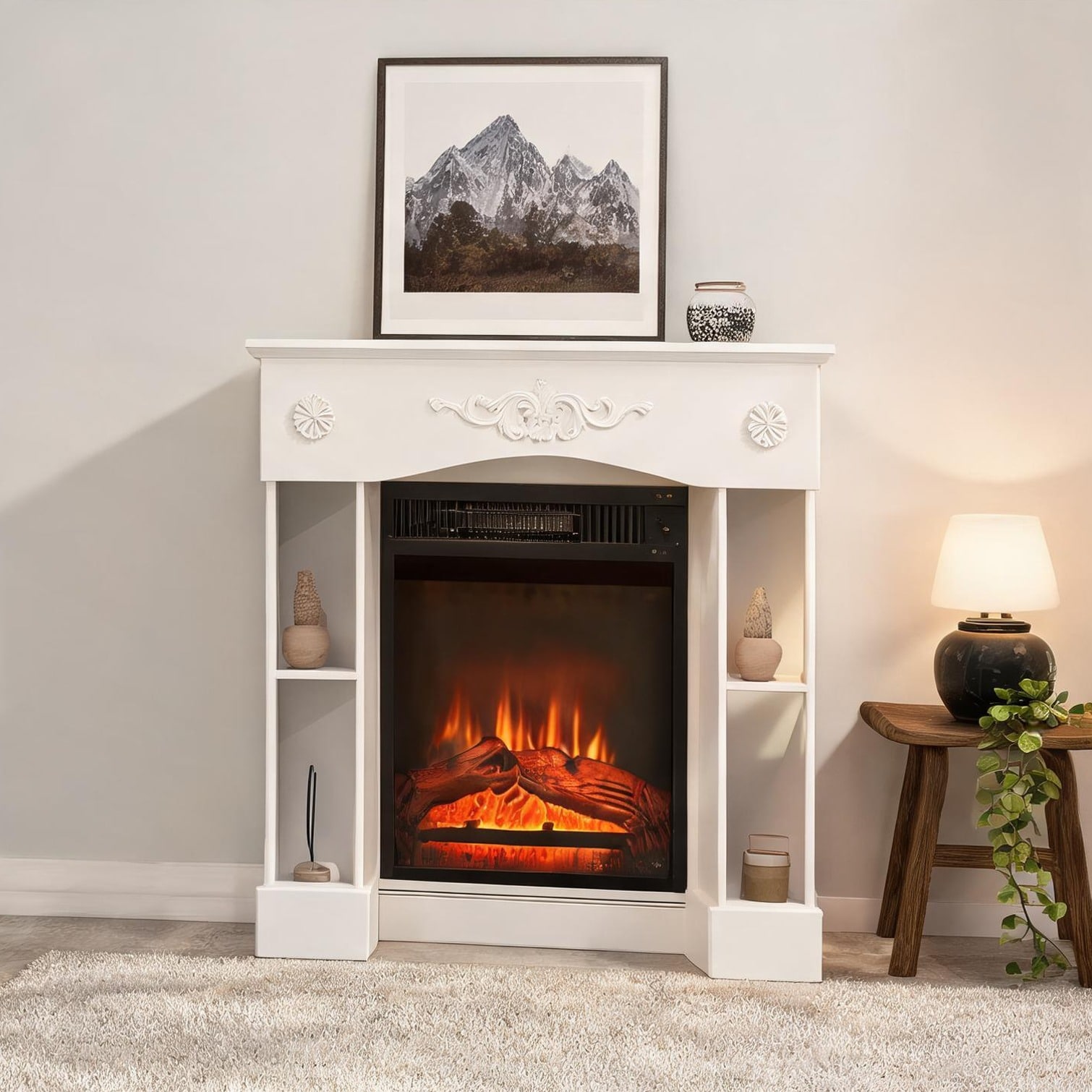 Naturefalls Indoor Fireplaces and Accessories with White MDF and Wood Storage 45.3 x 9.3 x 39.4 in
