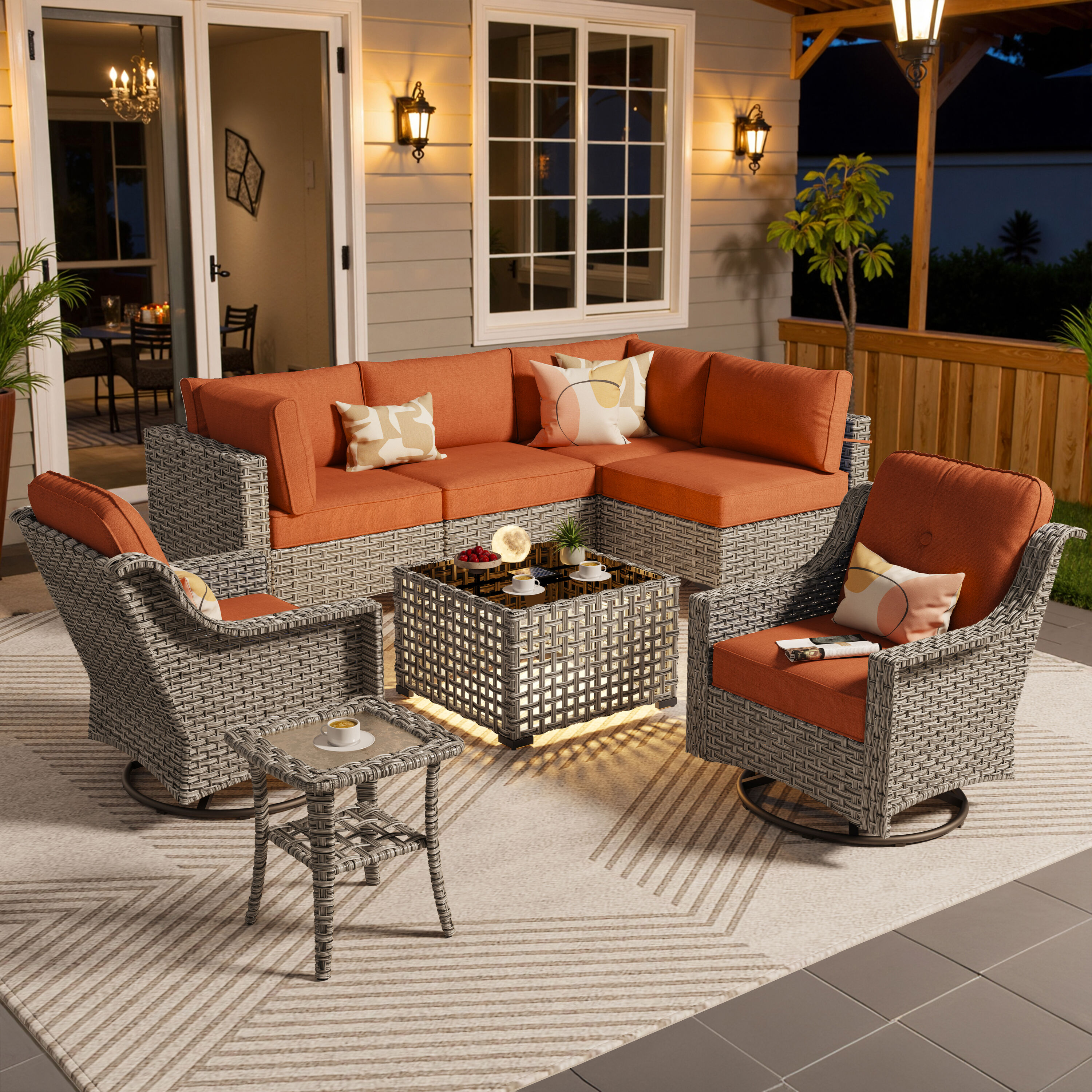 Ovios SK80C8YP 8 -Piece Wicker Patio Conversation Set with Orange Cushions