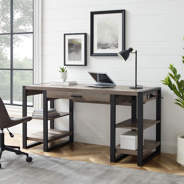 Walker Edison Transitional Computer Desk with Power Supply, Grey Wash,  60-in Wide in the Desks department at