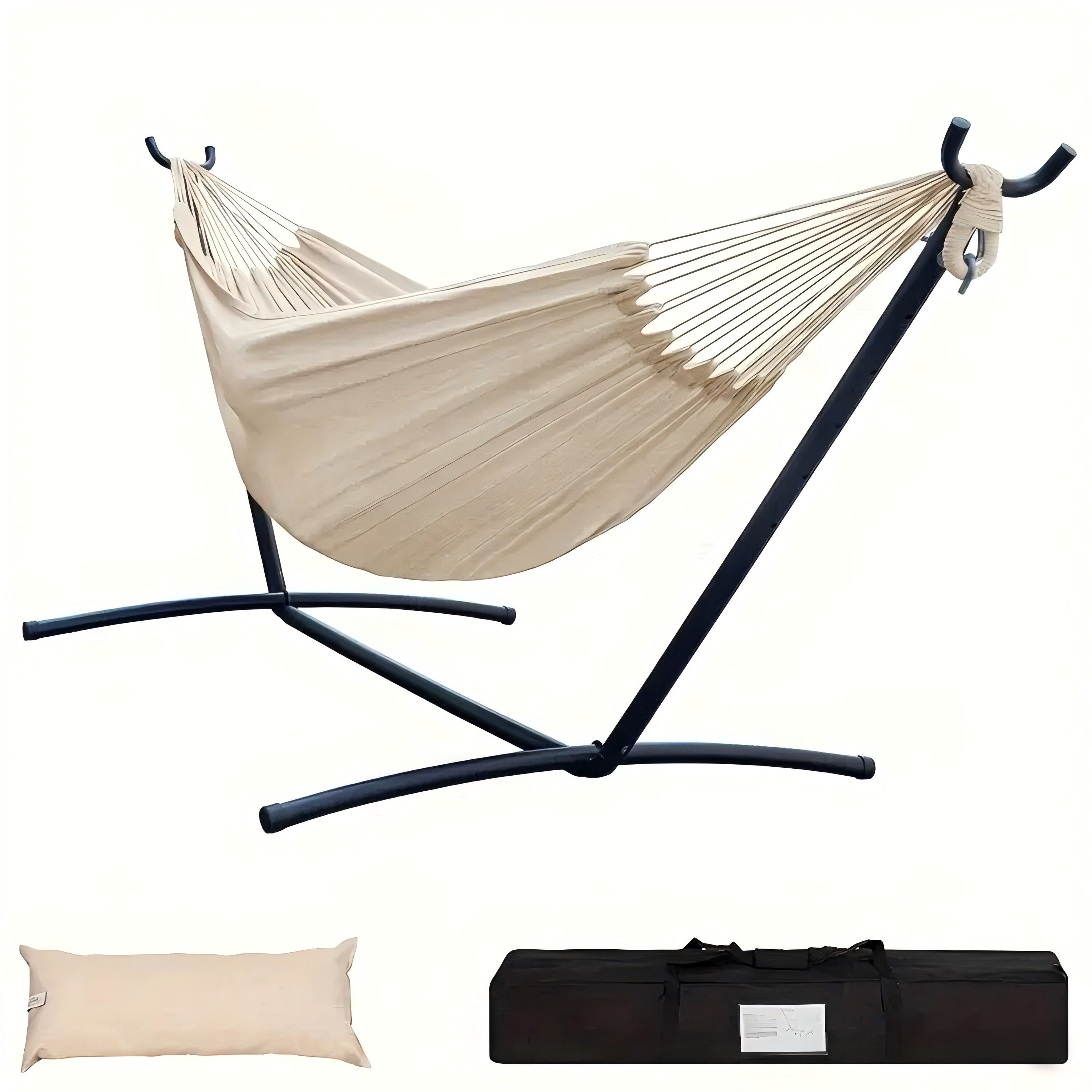 Picture of AURA OUTDOOR Double Hammock with Space Saving Steel Stand White Fabric ...