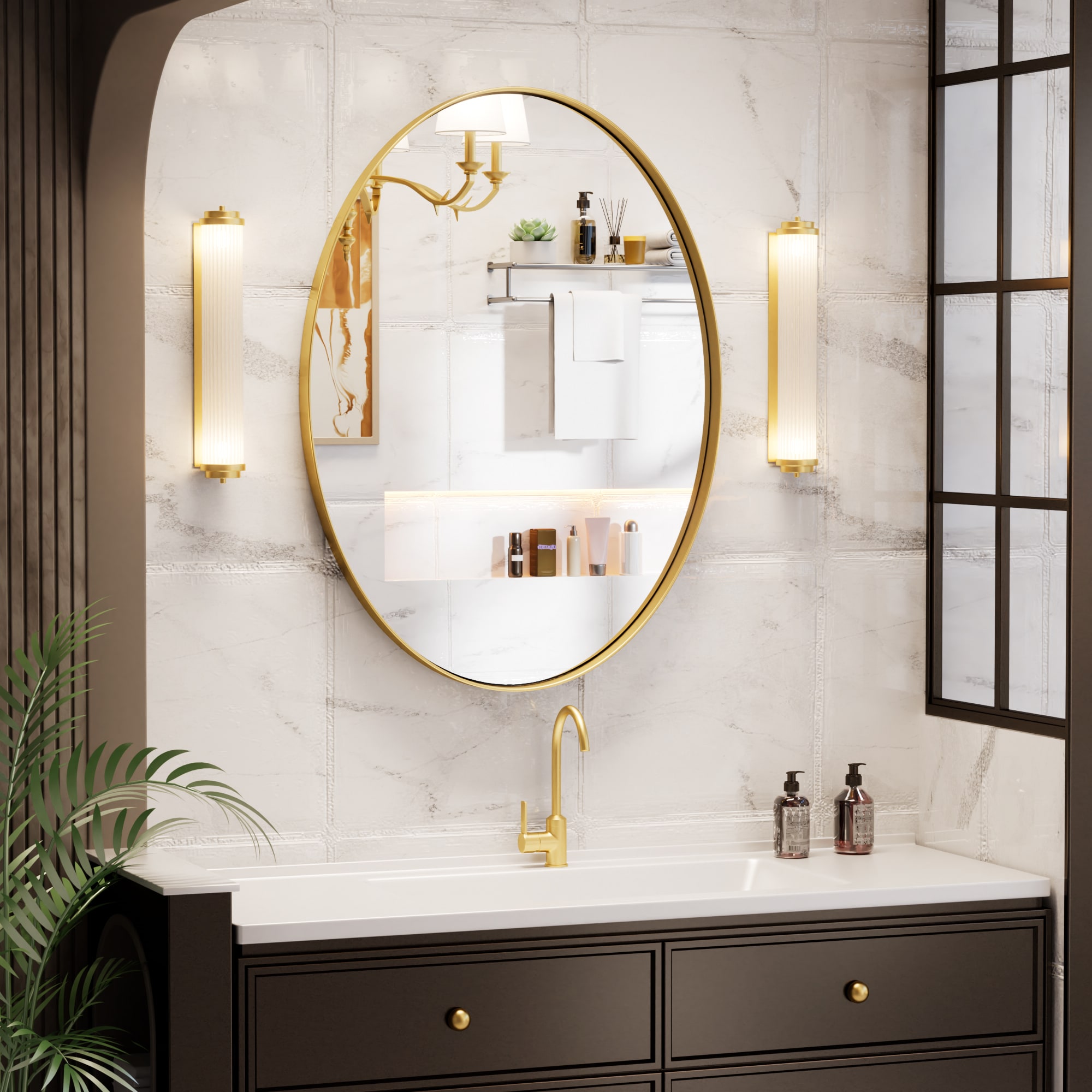 Clavie LS-22301-OGD Bathroom Mirrors Wall Mirrors Accent Mirrors 22-in W x 30.0-in H Oval Gold Framed Wall Mirror