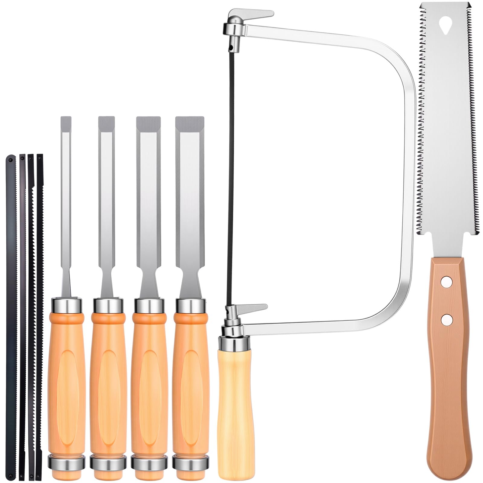 DYRCJ  Woodworking Tool Set 6 Pieces Includes Four Wood Chisels One Flexible Double Edge Blade and One Coping Saw for DIY Wood Carving Joinery and