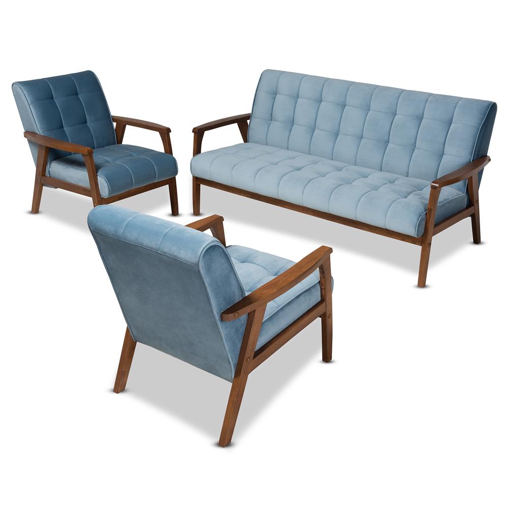 Baxton Studio 160-9942-9944-LW Asta Midcentury Polyester/Polyester Blend Light Blue/Walnut Living Room Set