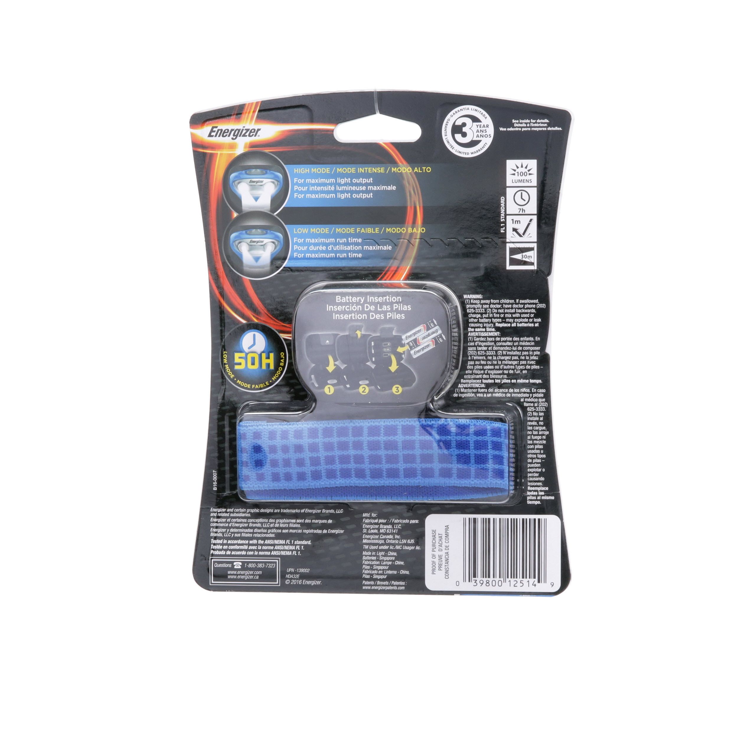 Energizer Vision Phare 100 lm DEL Headlamp Head Torch 3 piles AAA