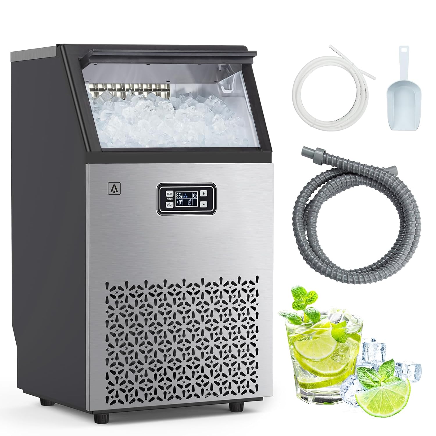 Qeetex LHF-DYQ-PHO-0X7QNH6K Commercial Ice Maker Machine  Under Counter Ice Maker  150LBS/24H with 33LBS Ice Capacity Stainless Steel Freestanding Ice Machine with Ice Scoop  Self-Cleaning  for Offices Home Restaurant and Bars