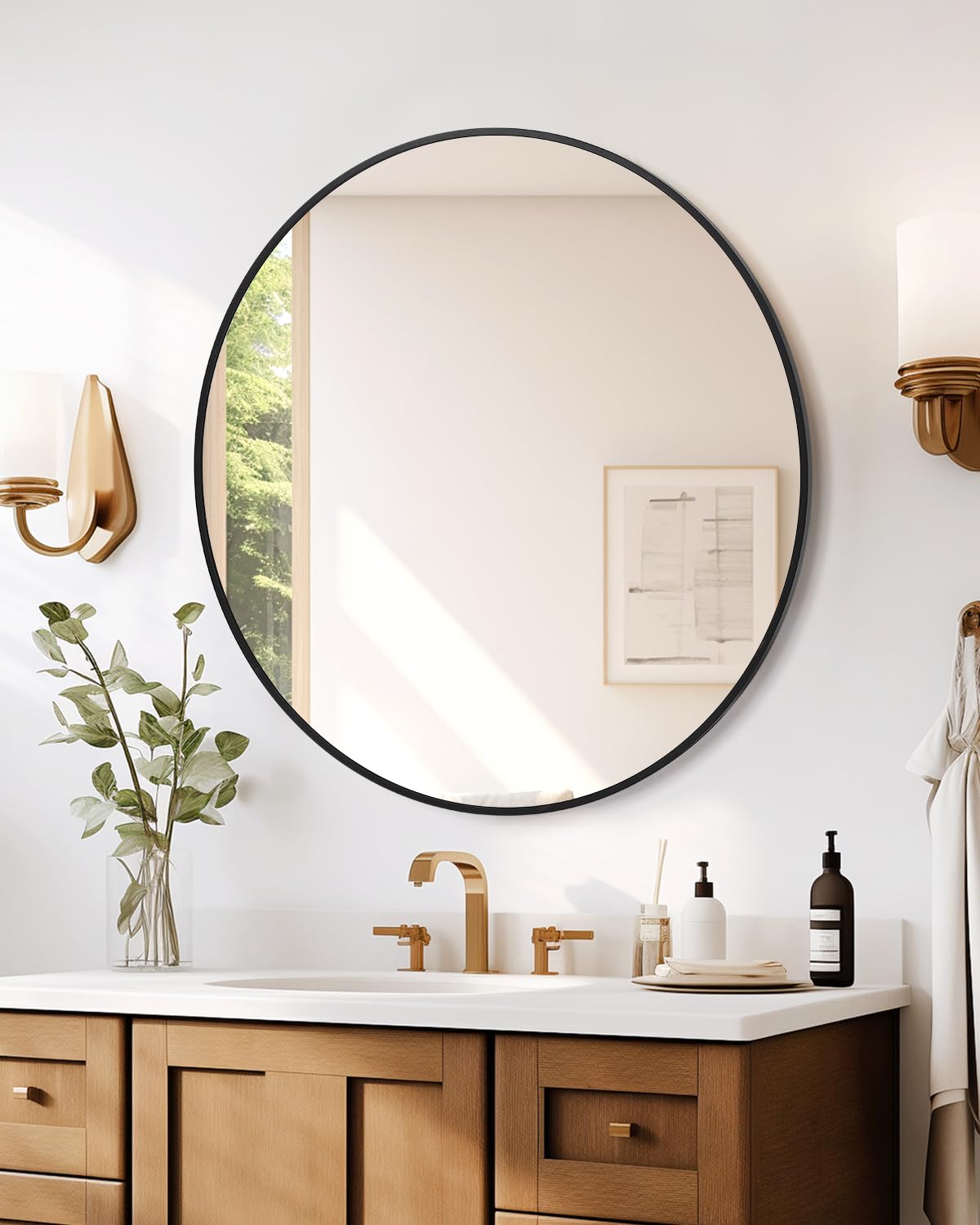 DEXSO 18 Inch Round Metal Frame Bathroom Mirror 5mm HD Clarity Glass Explosion Proof for Entryway Living Room Black
