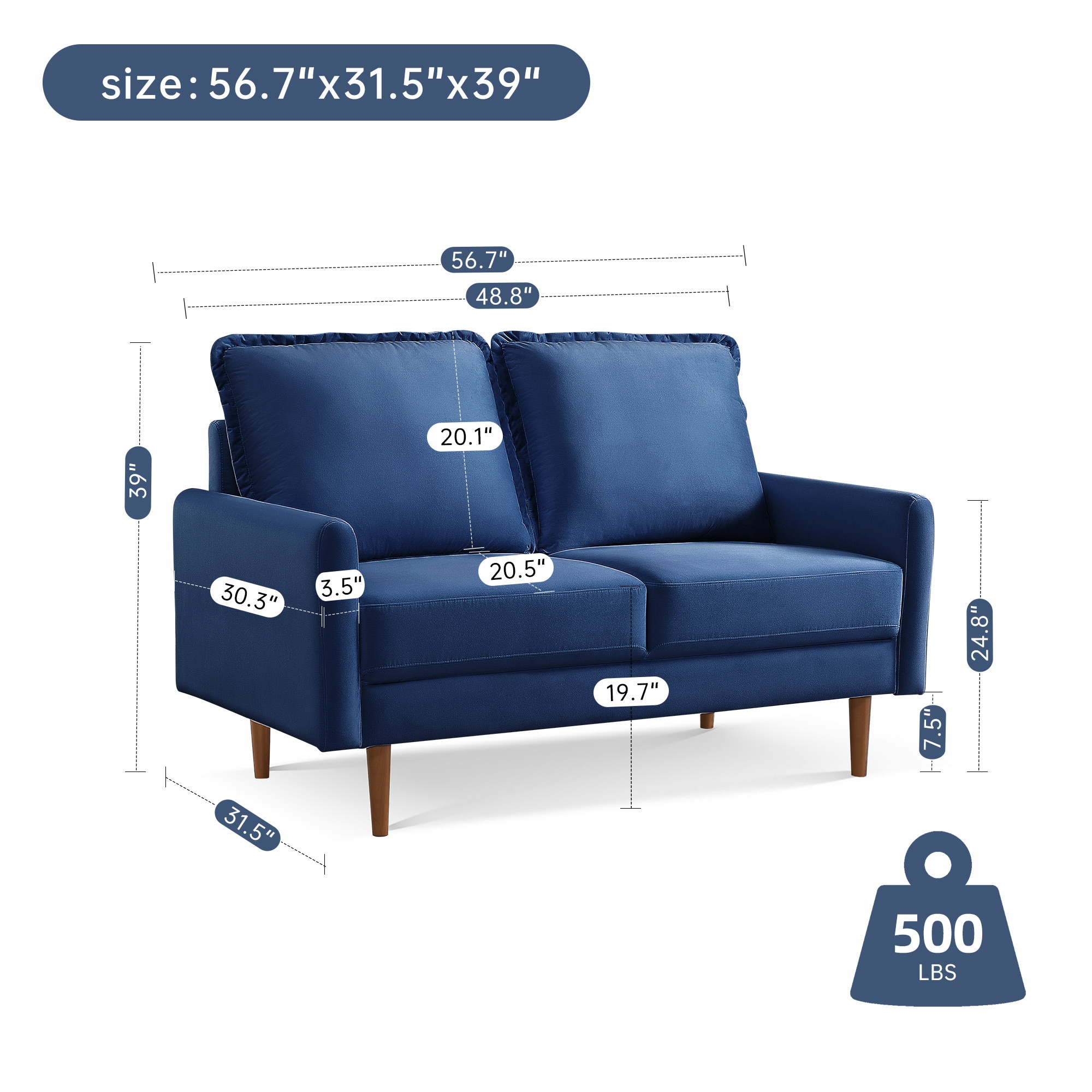 57 Inch Blue Velvet Loveseat with Solid Wood Legs