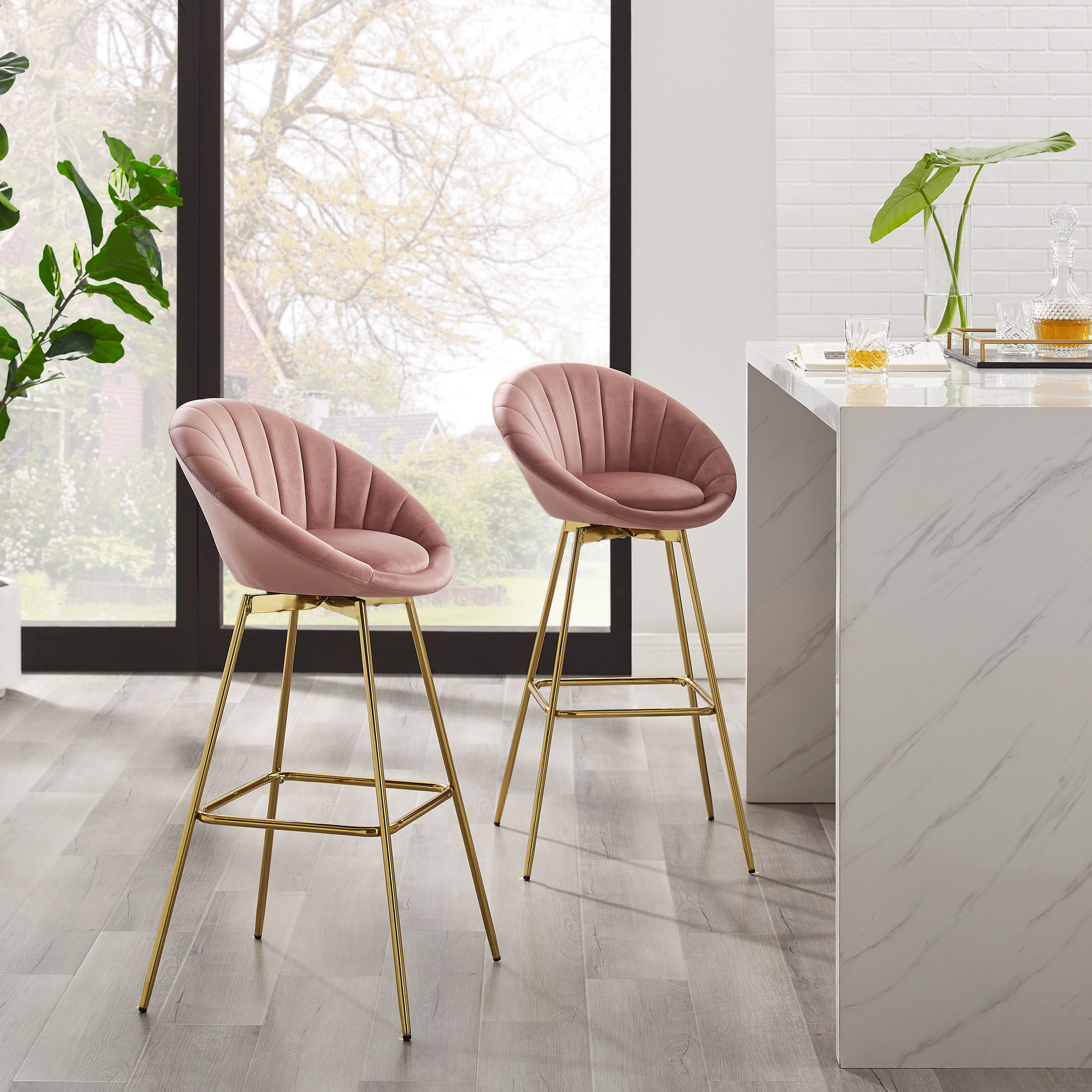 Art Leon BS017-PINK Pink 29.53-in H Bar height Upholstered Swivel Composite Bar Stool