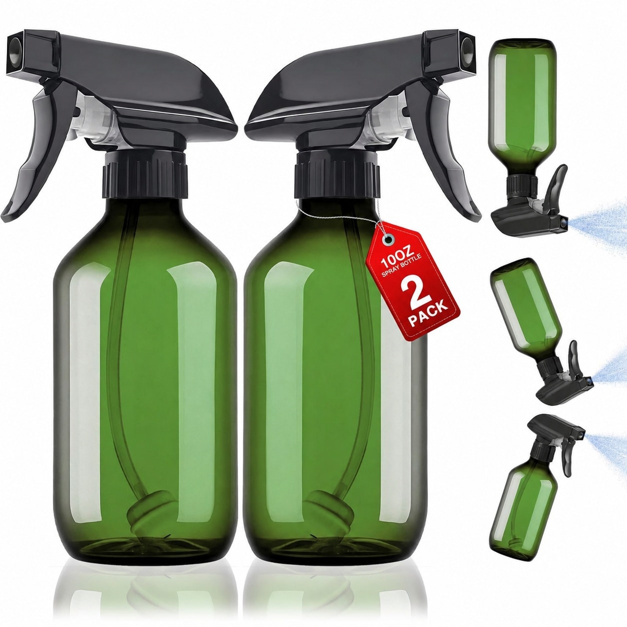 Etokfoks  2 Pack 360 Degree Upside Down Spray Bottles 10 oz 300ml with Adjustable Nozzle Green Refillable Plastic