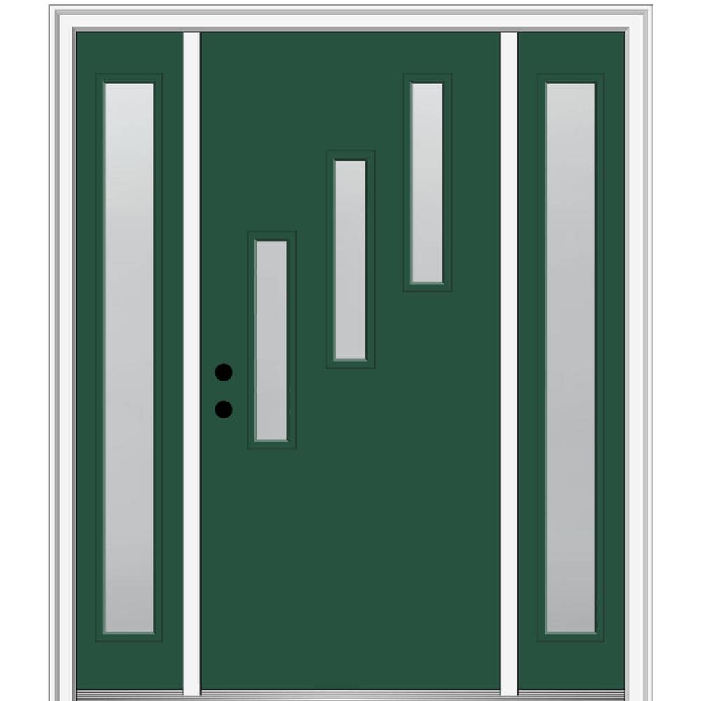 MMI DOOR ZZ350695R Spotlights 64-in x 80-in x 6-9/16-in Fiberglass Pulse lite Right-hand inswing Hunter Green Painted Prehung Front Door with Sidelights with Brickmould Insulating core