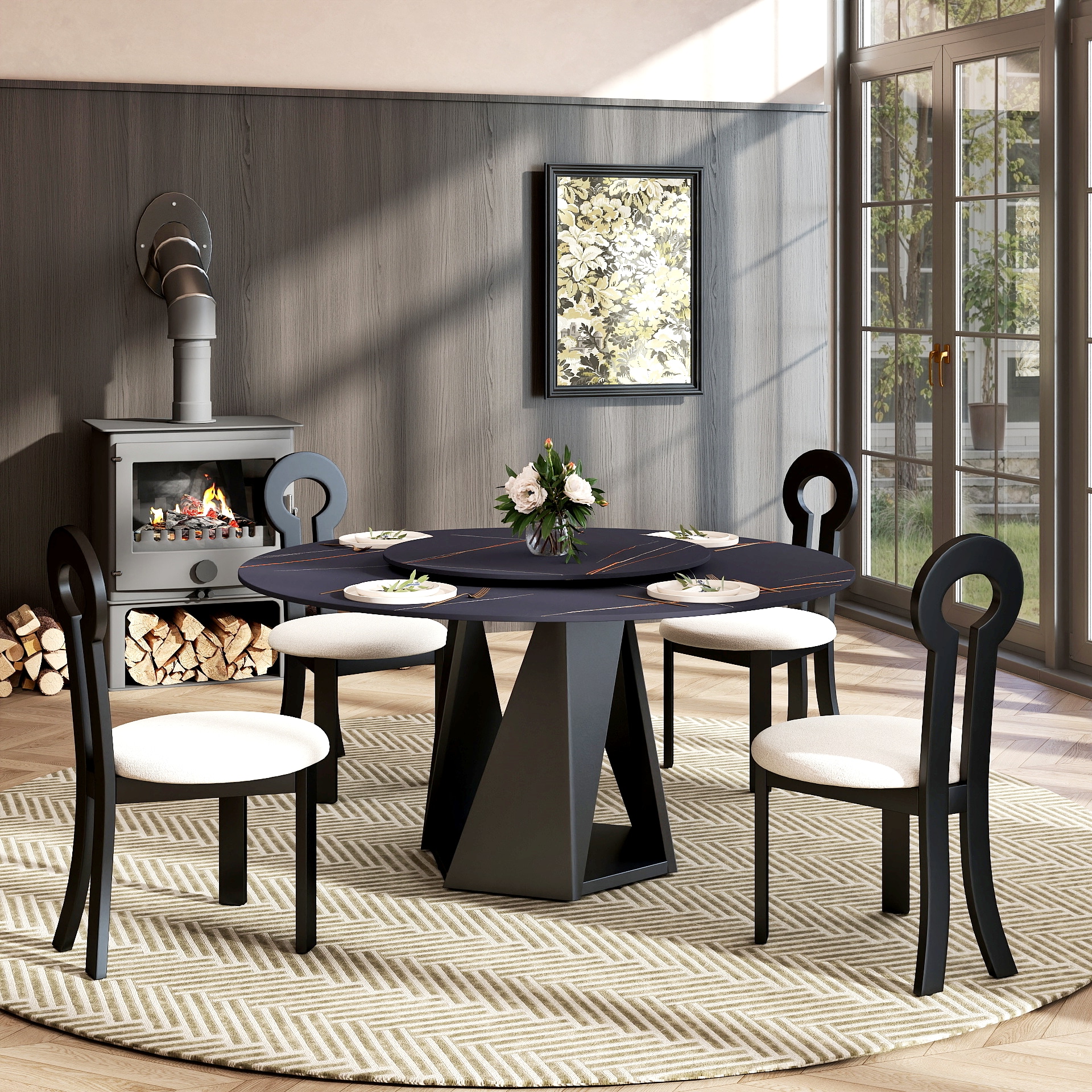 BuotiqHom DH-AT-150B80B-9B 59 in. Black + Lazy Susan Round Contemporary/Modern Dining Table, Ceramic with Primed Metal Pedestal Base 59-in L x 29.5-in H