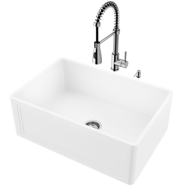 VIGO Matte Stone Farmhouse x 18-in Matte White Single Bowl Tall (8-in or Larger) Undermount Apron Front/Farmhouse Commercial/Residential Kitchen Sink All-in-One Kit VIGO Matte Stone Farmhouse x 18-in Matte White Single Bowl Tall (8-in or Larger) Undermount Apron Front/Farmhouse Commercial/Residential Kitchen Sink All-in-One Kit