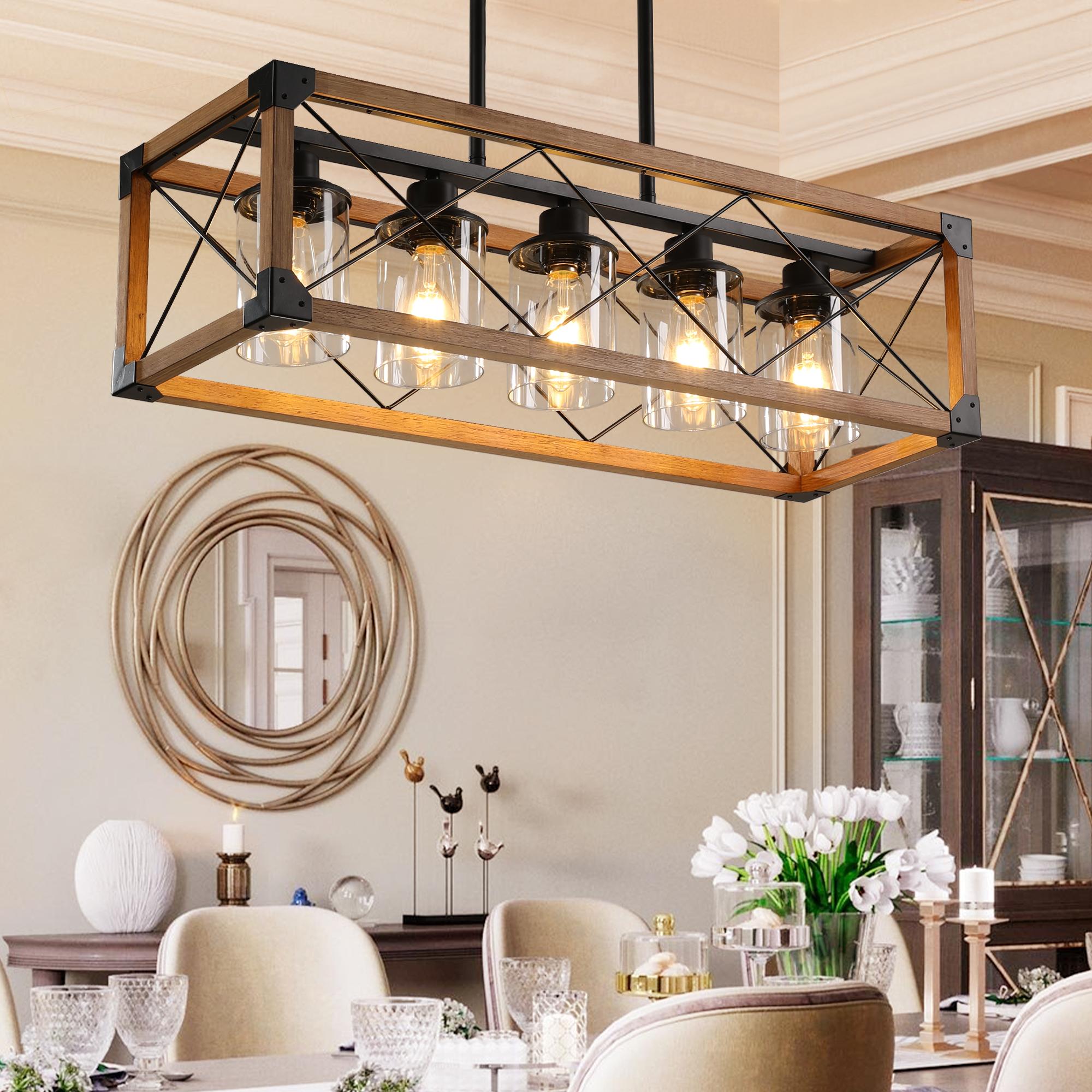 Bayfeve BFLCM-6644-LT Industrial Metal Cage Chandelier 5 -Light Walnut Solid Wood Farmhouse Clear glass Linear Hanging Kitchen island light