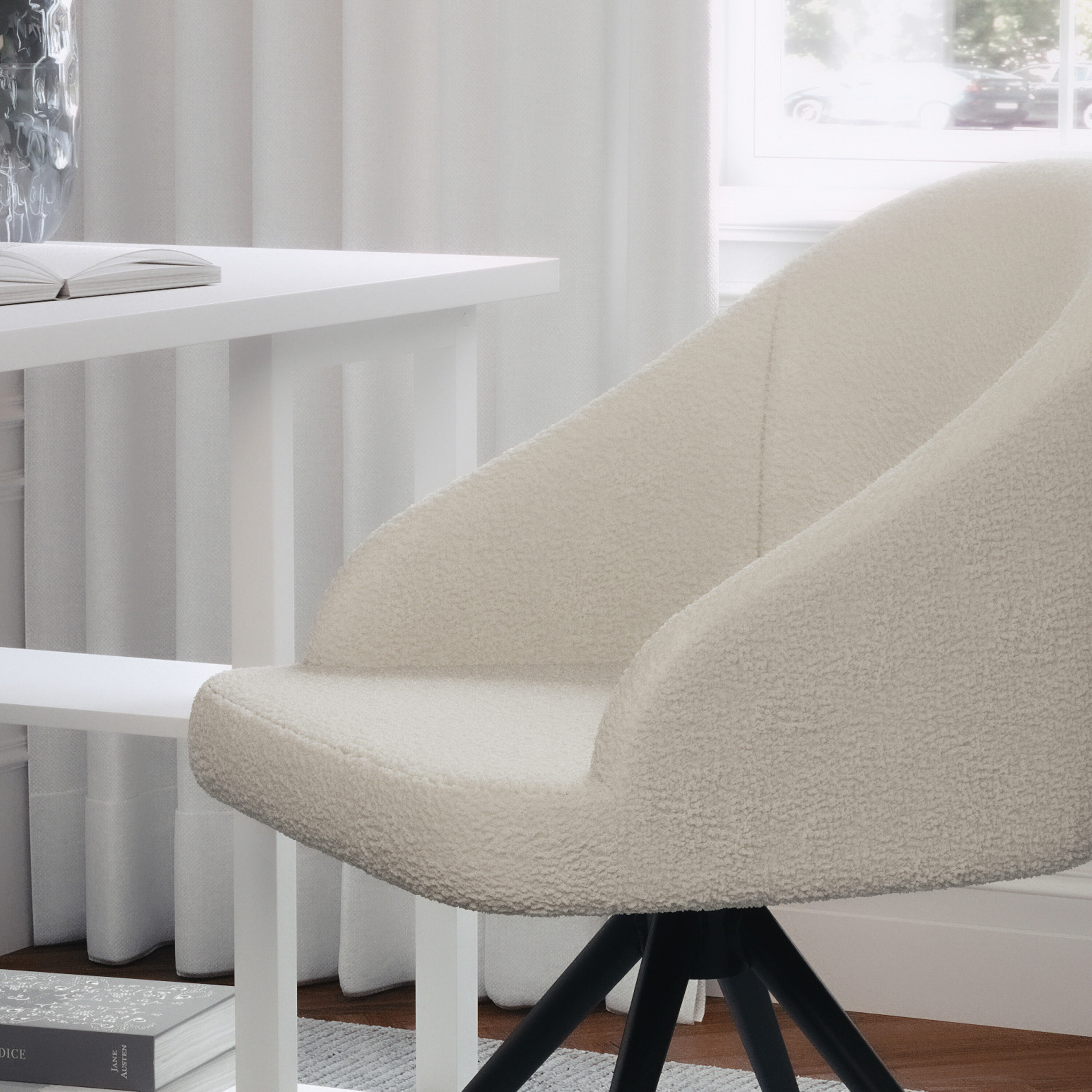White Boucle Upholstered Office Chair with Oil Rubbed Bronze Frame