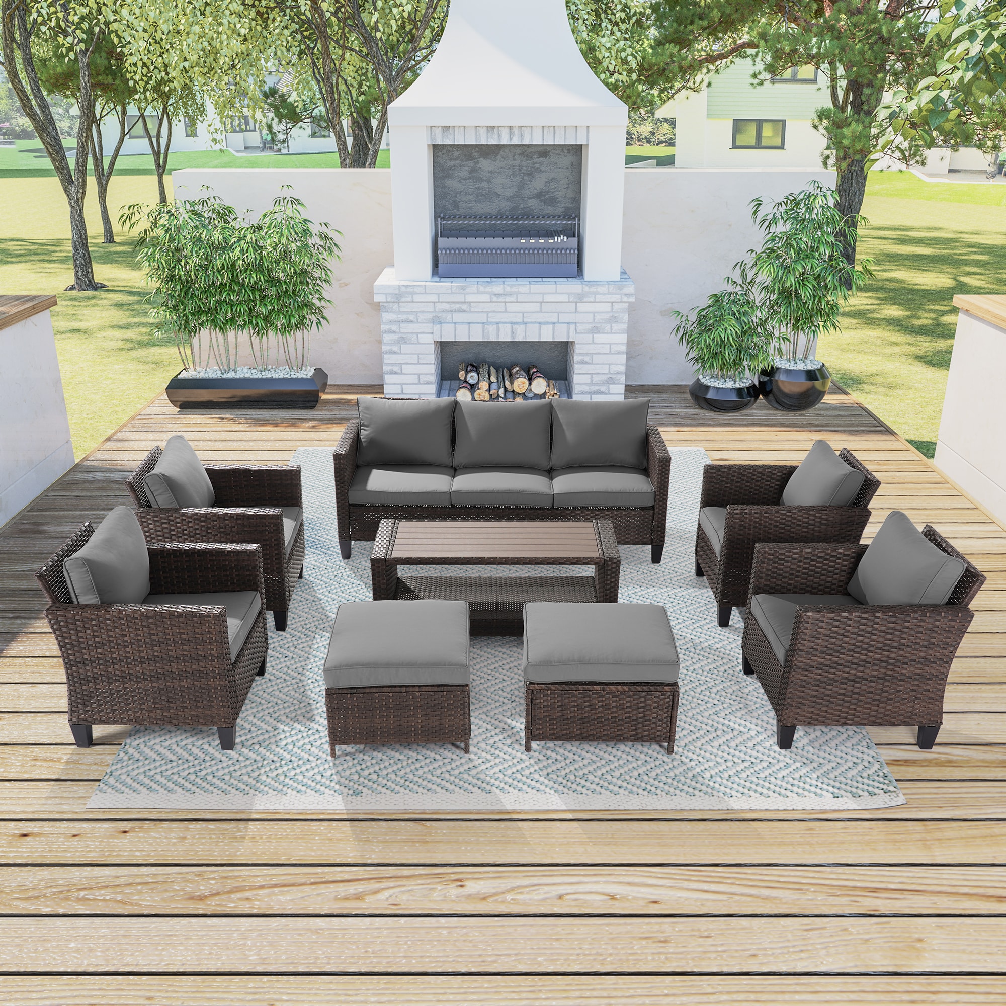 Sonkuki SD-PS-115BGY-S2T1 Patio Conversation Set 8 -Piece Wicker Patio Sofa Conversation Set with Gray Cushions