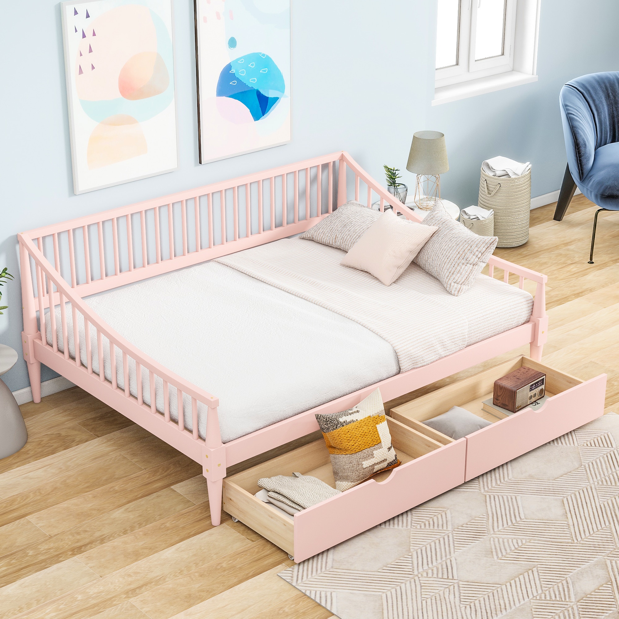 Qualler BWM001101B Pink Full Wood Daybed Bed with Storage