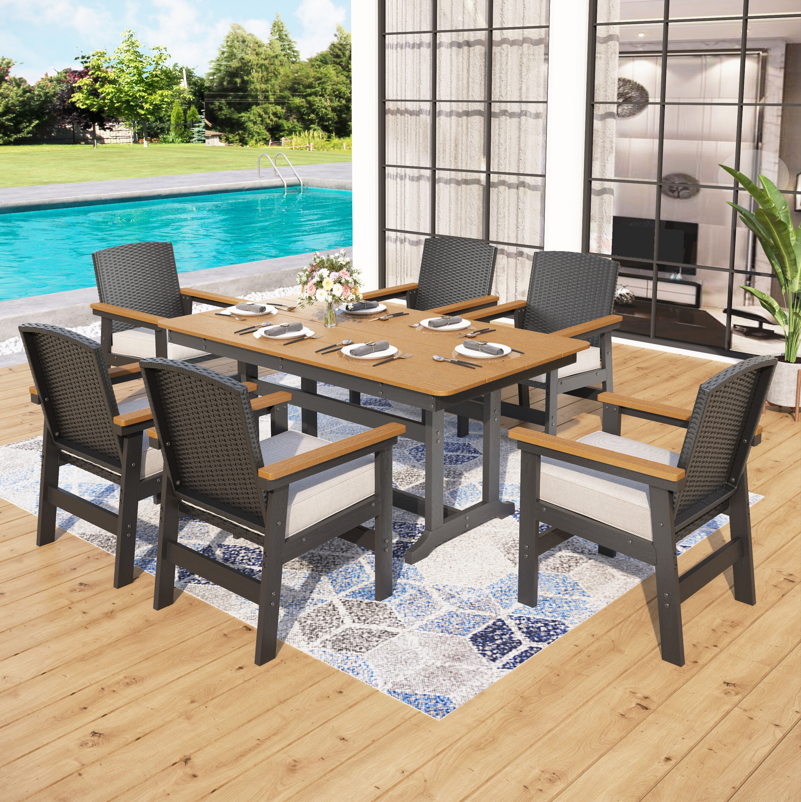 Sunshine Valley S7-7803 Outdoor Table and Chairs 7 -Piece Black Wicker Patio Dining Set Steel Rectangle Table with 6 Beige Cushions Stationary Chairs