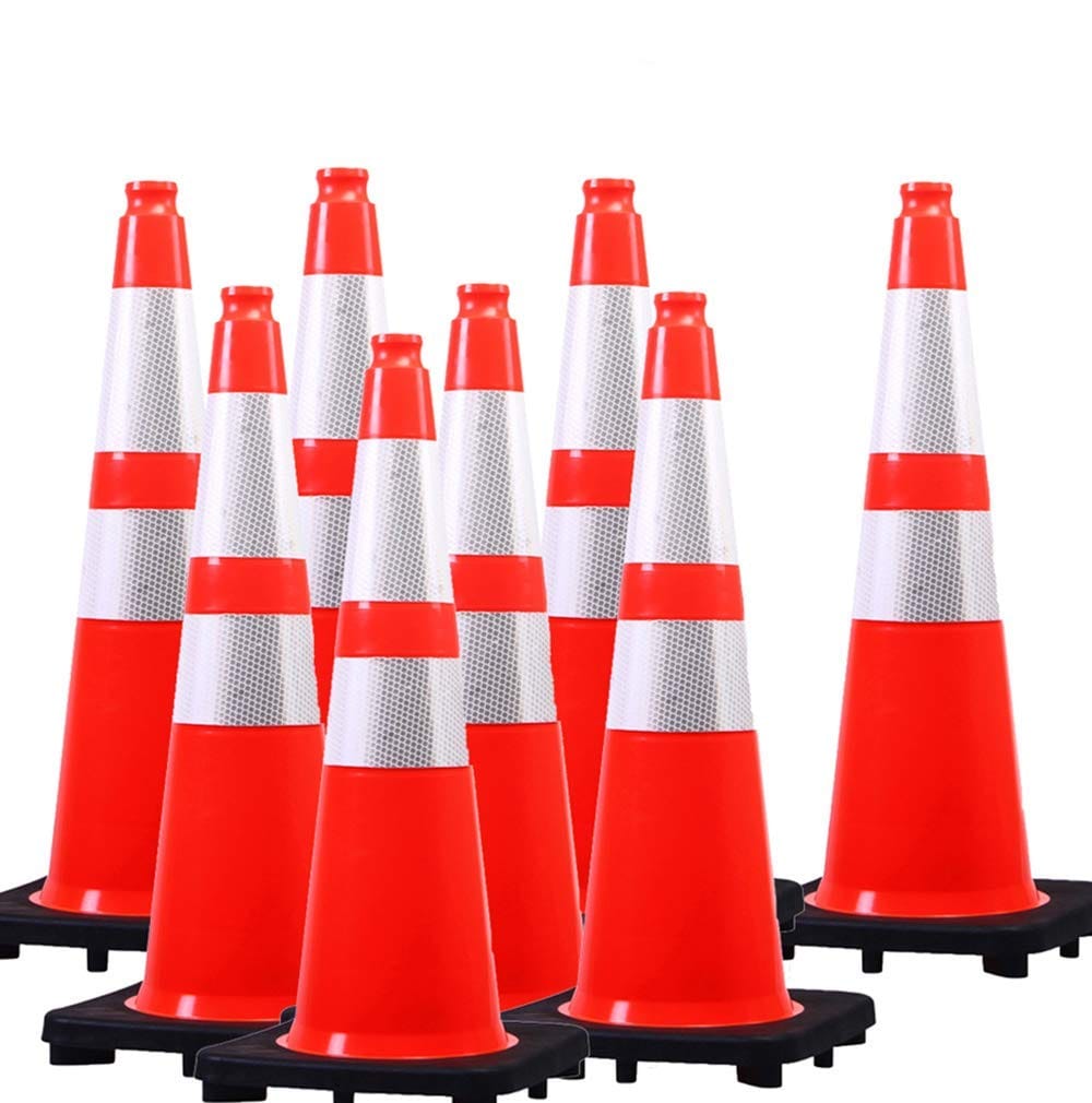 Etokfoks  28 in Orange Black Base PVC Traffic Safety Cone Wearproof High Visibility Reflective Film 8 Pack