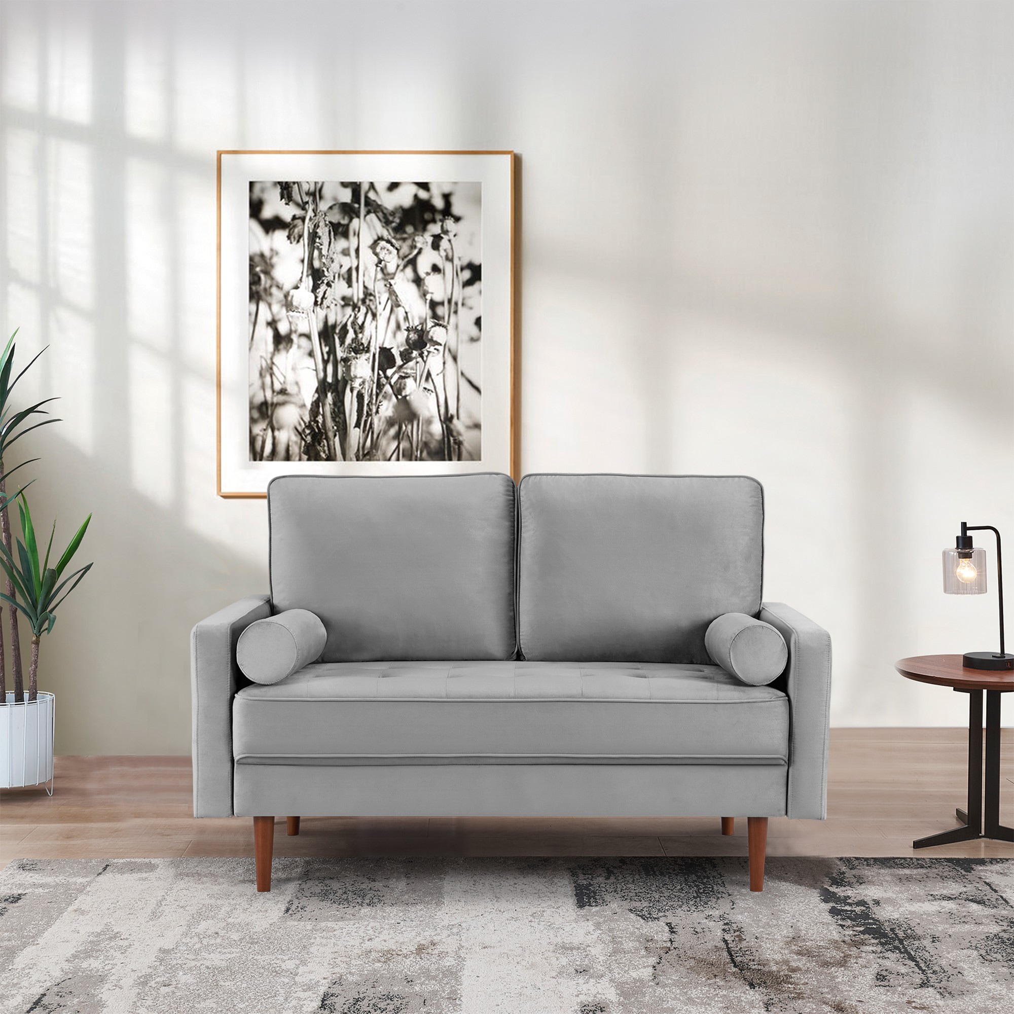 57 Inch Grey Velvet Loveseat with Bolster Pillows