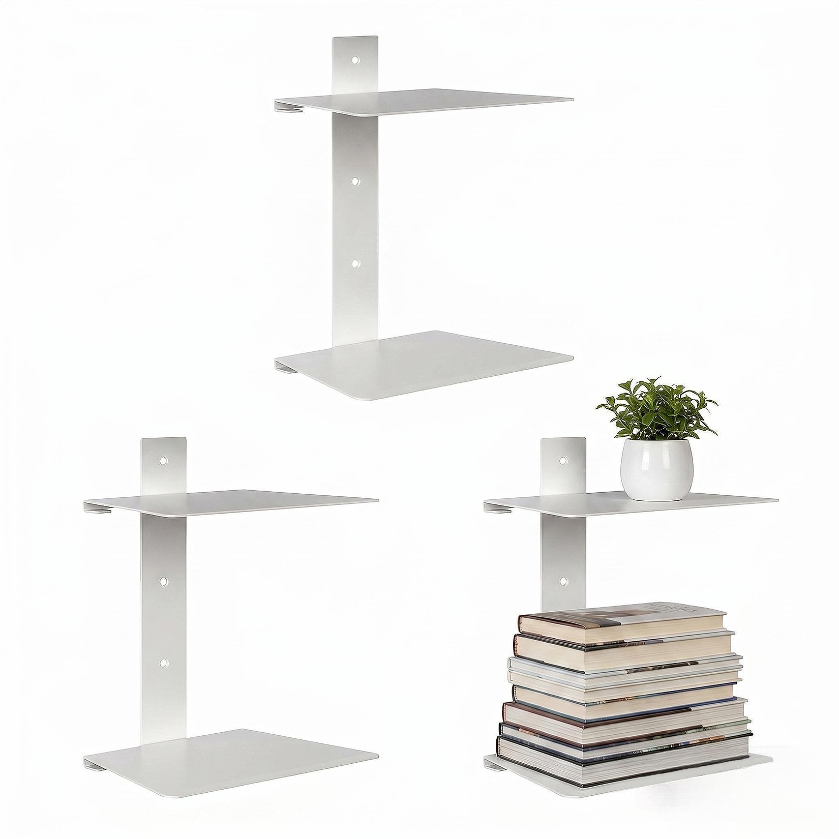 Aoile White Metal Floating Wall Shelves 3 Pack Minimalist Two Tier Wall Mount Display Shelves For Bedroom Bathroom Living Room