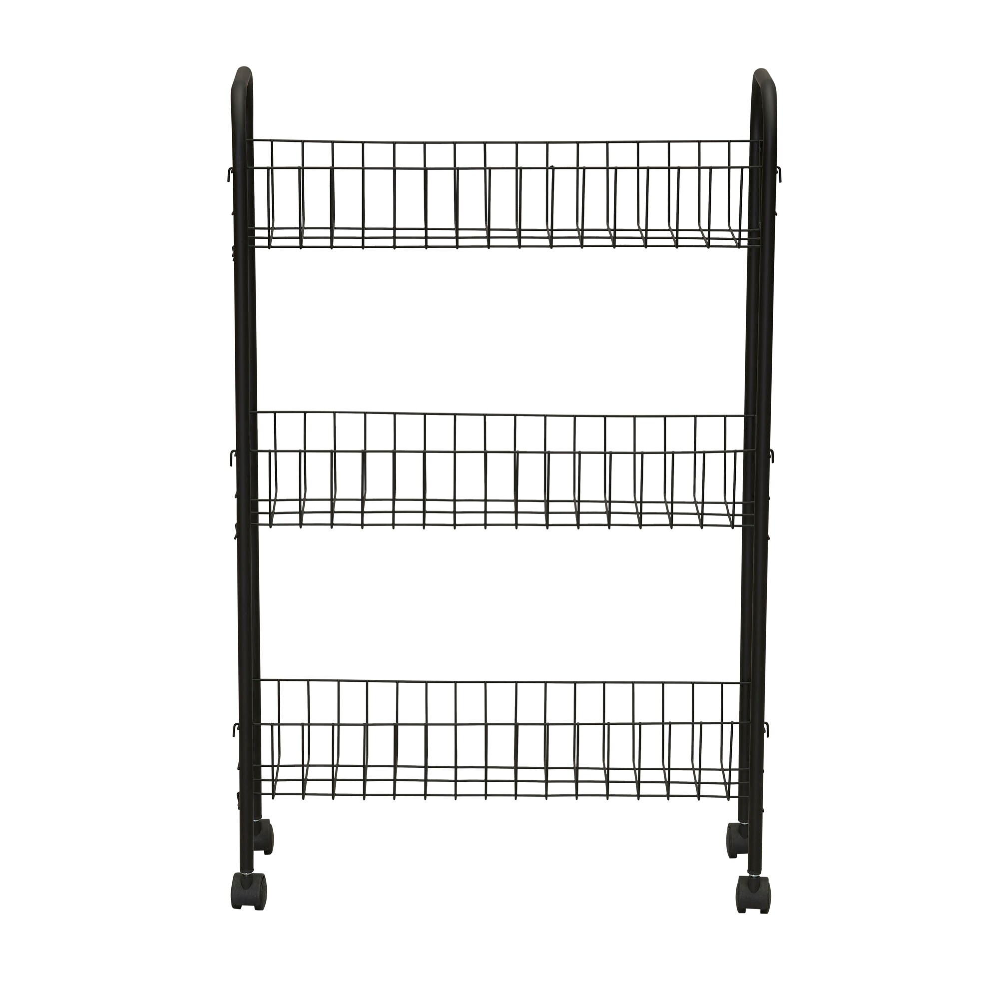 Slim Black Steel 3-Shelf Rolling Laundry Cart