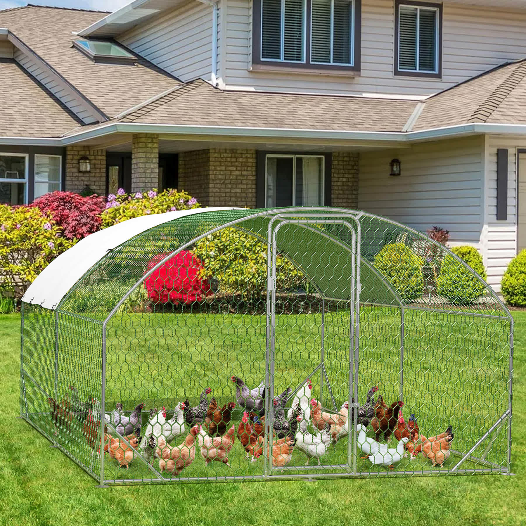 Qeetex GGL-PHO-159PP50I 13FT Metal Chicken Cage Chicken Coops Galvanized 4 Corner Reinforcement Ribs Outdoor Large Walk-in Coops