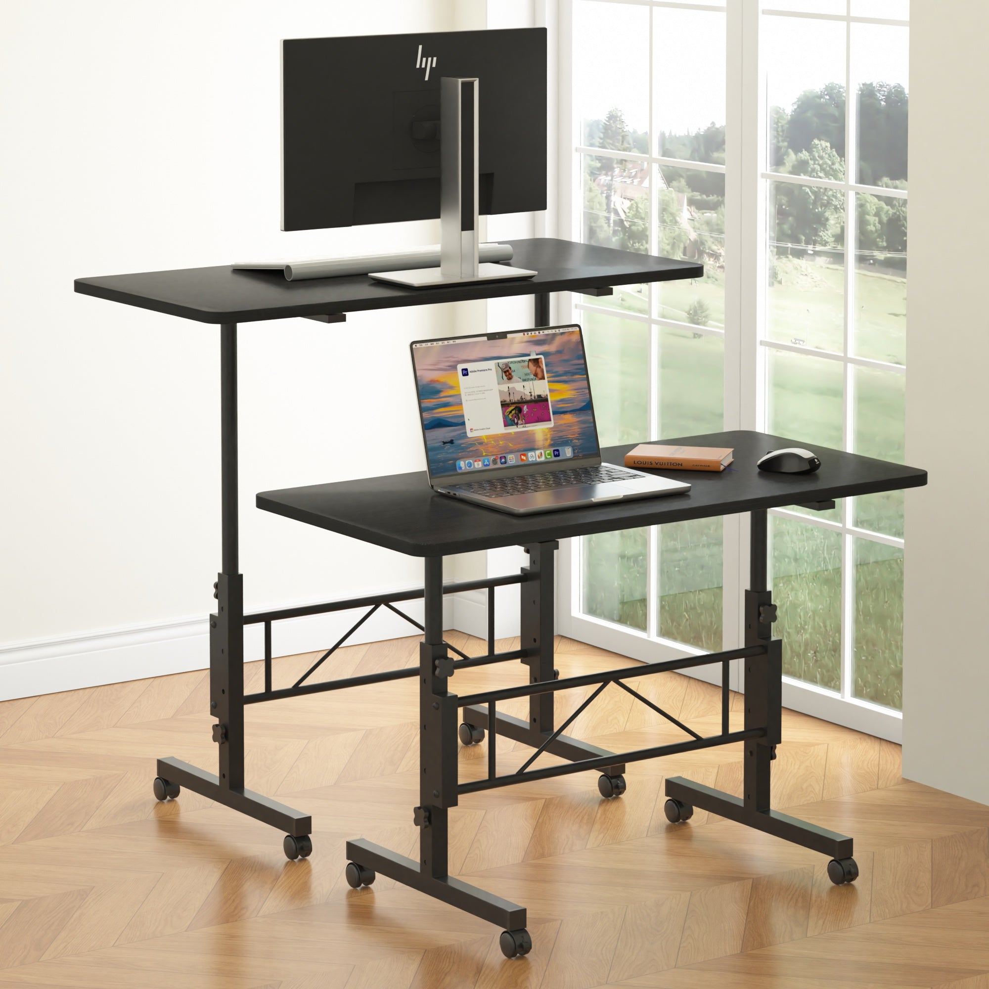 Vecelo LOE-MX-ECD03-BLK Small Standing Desk Adjustable Height Mobile Stand Up Desks With Wheels Portable Rolling Laptop Desks C Side Table with Wheels