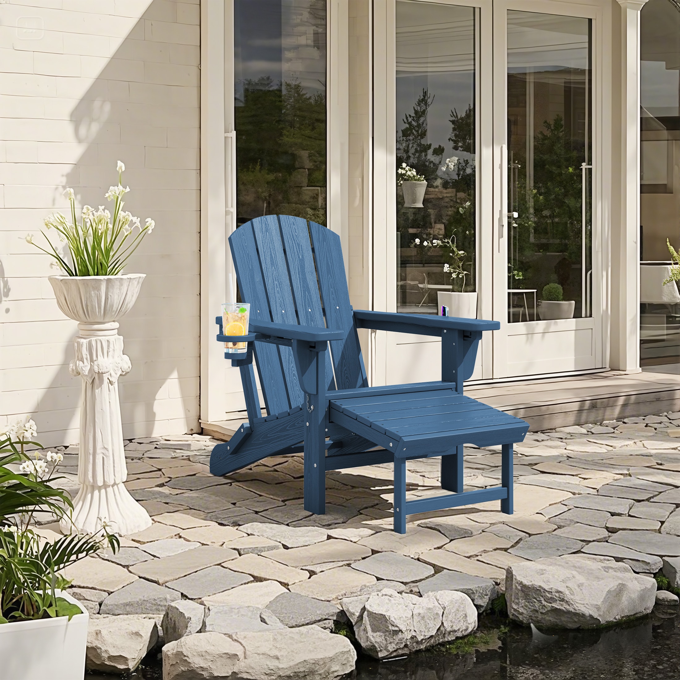JEAREY SBTCLGJ-NY Foldable Adirondack Chair with Retractable ottoman Navy HDPE Frame Stationary Adirondack Chair with Slat Seat