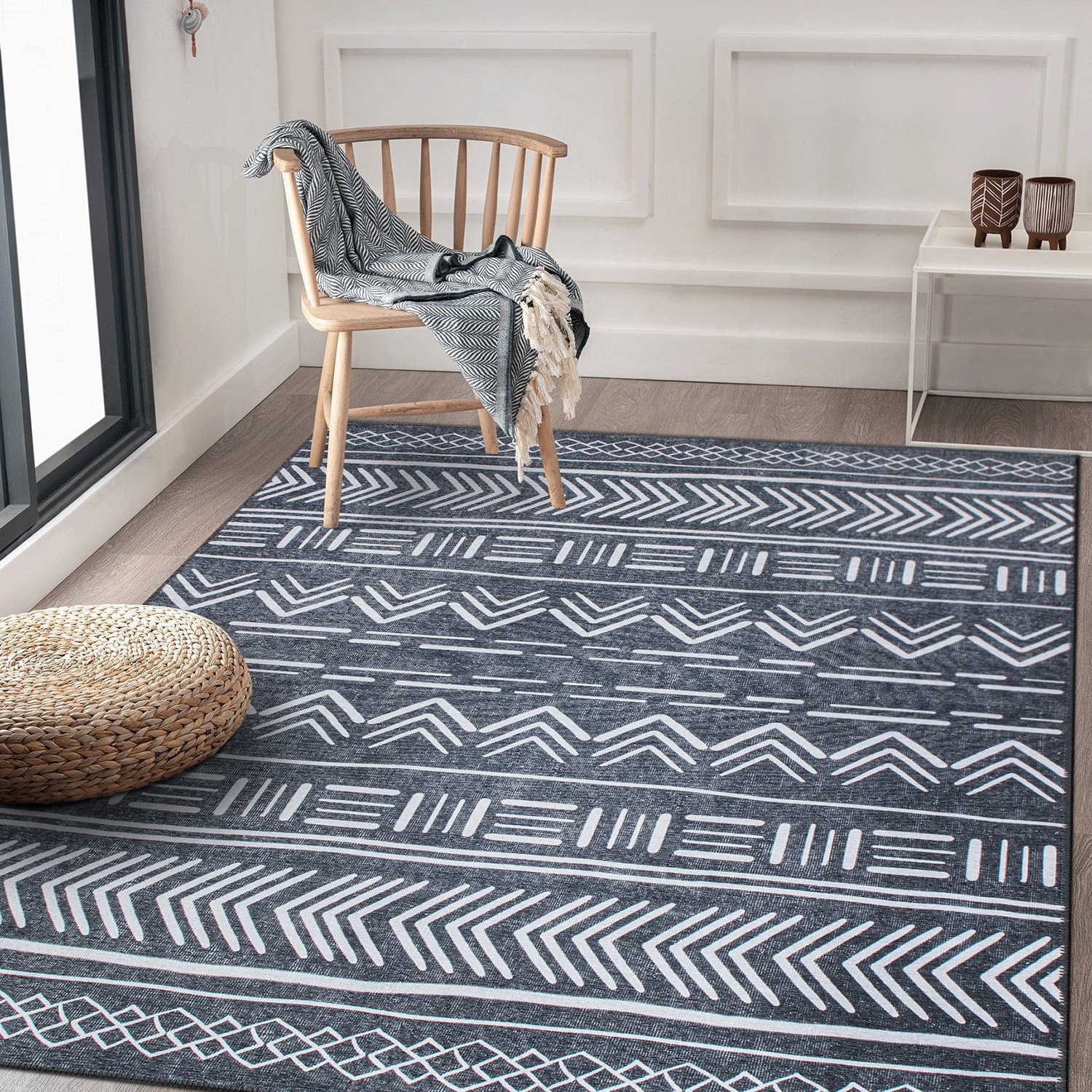 Dark Gray Geometric Flat Woven Machine Washable Area Rug
