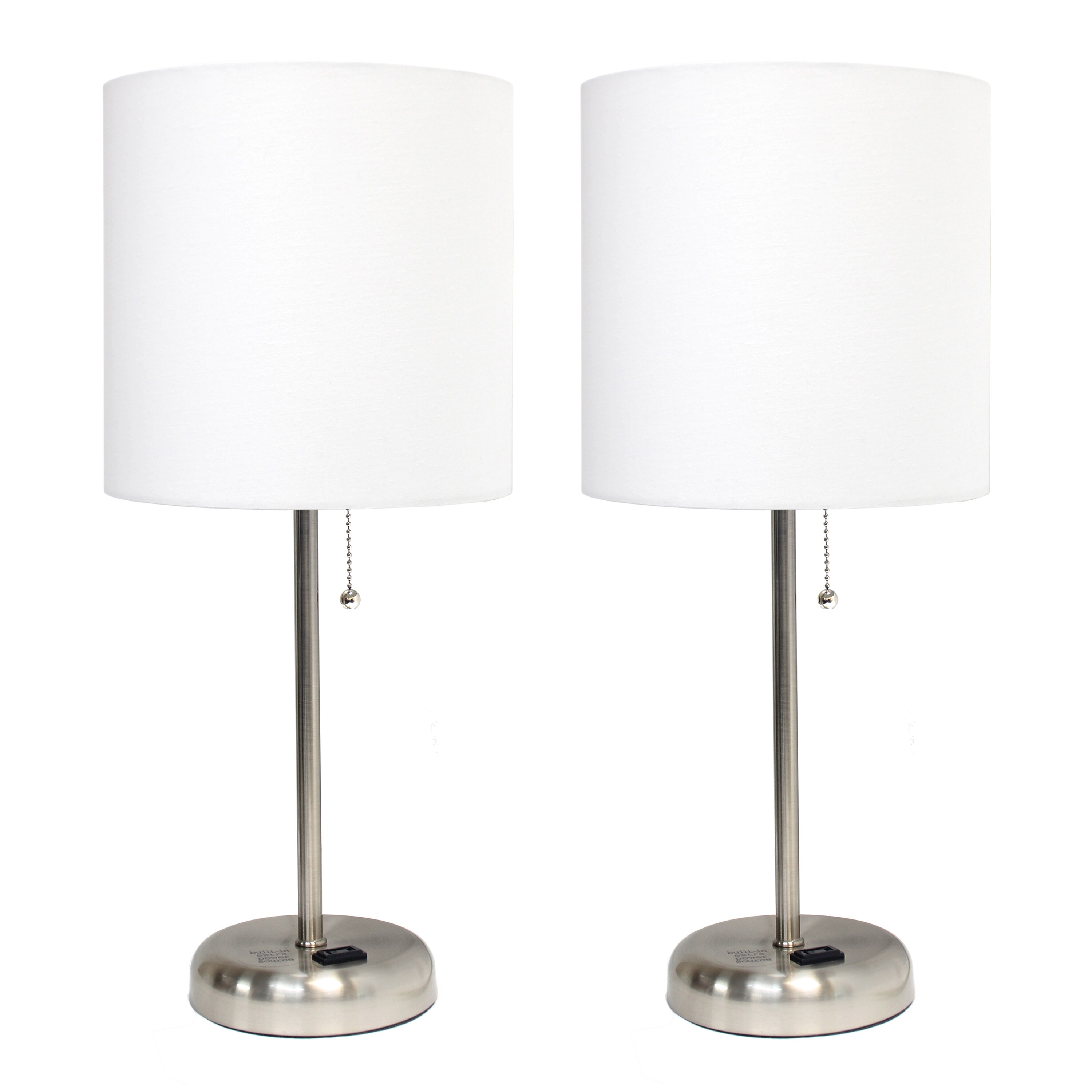 Creekwood Home CWT-2009-WH-2PK Oslo 19.5-in Brushed Steel/White Shade LED Pull-chain Table Lamp with Fabric Shade 2 -Set