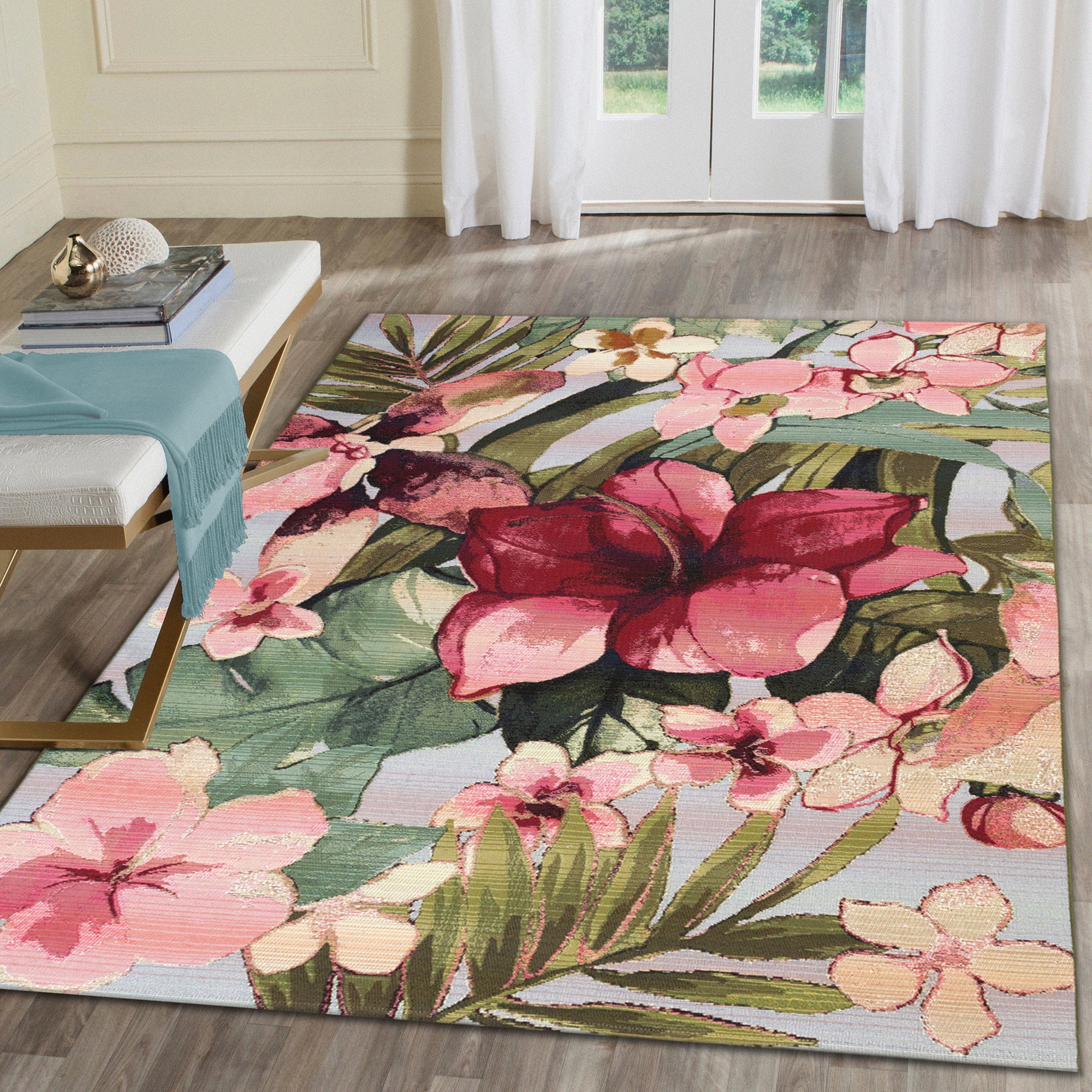 Tropical Leaves & Leopard Print 8' x 10' Indoor/Outdoor Rug