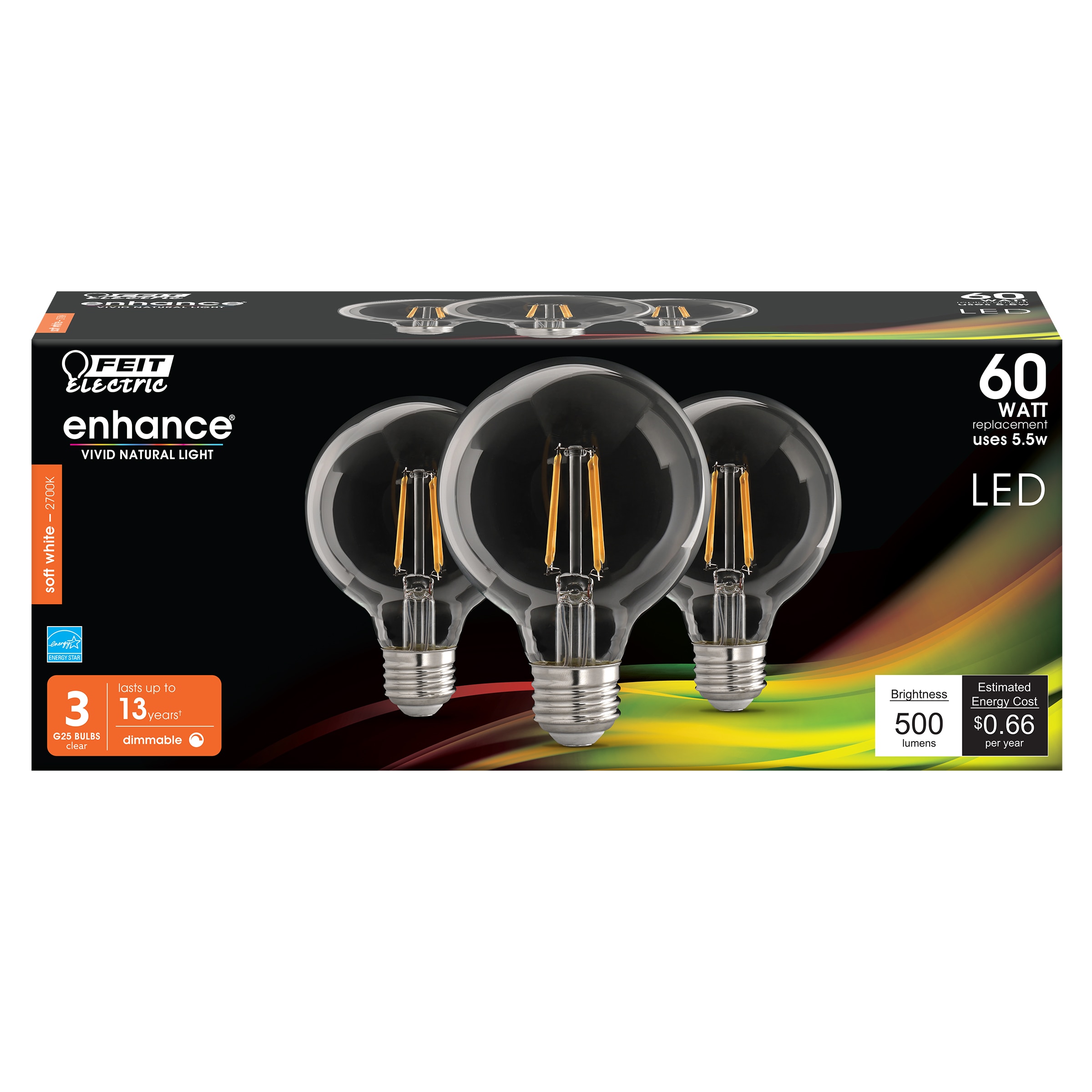 Feit Electric G2560/927CA/FIL/3/RP LED FILAMENT 60 -Watt EQ G25 Soft white E26 Dimmable LED General purpose Light Bulb 3 -Pack