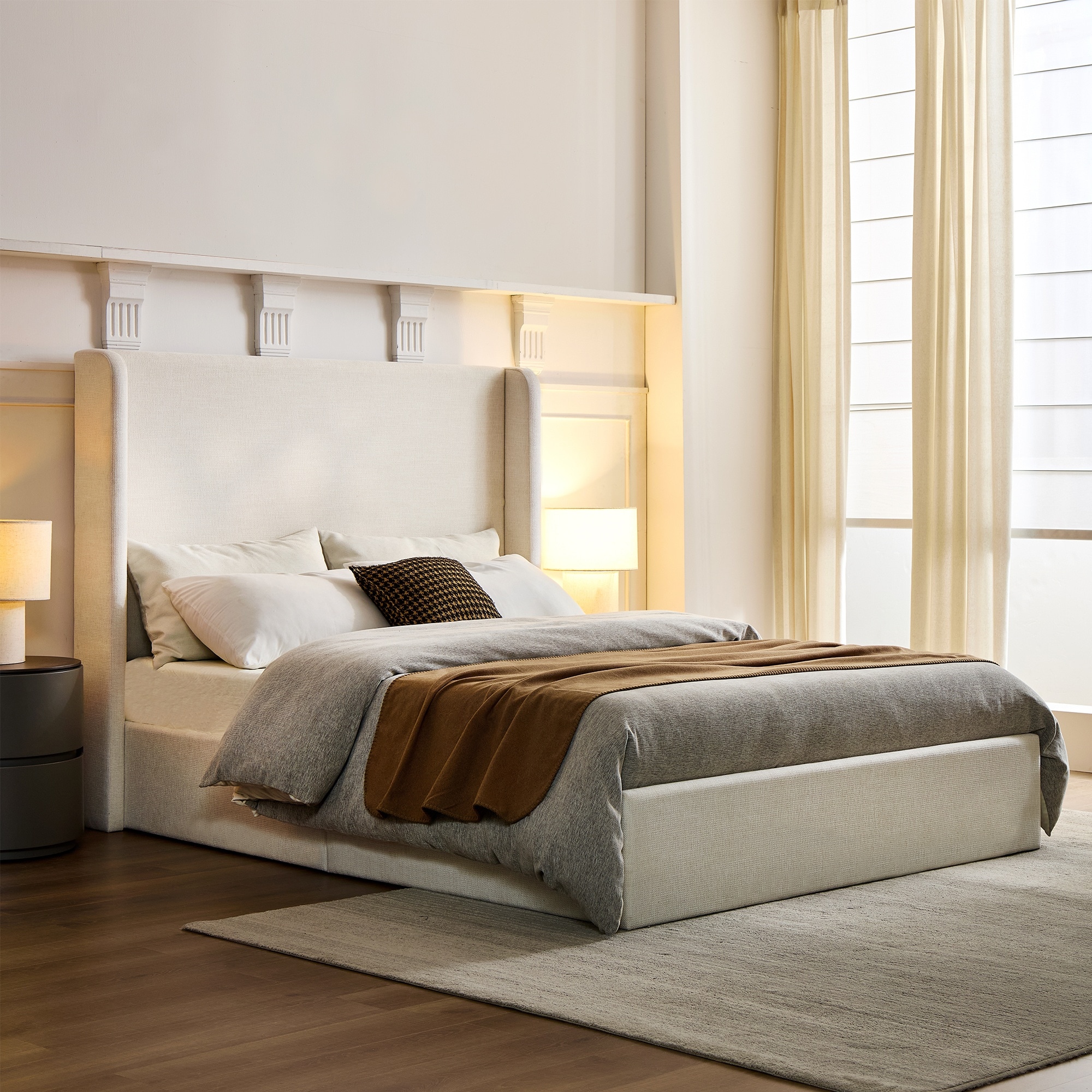 HyperDrop Cart Queen Size Carmen Wingback Upholstered Platform Bed/ 54in High Headboard/ Textured Ivory Canvas/ Minimalist/ No Box Spring/ Easy Assembly