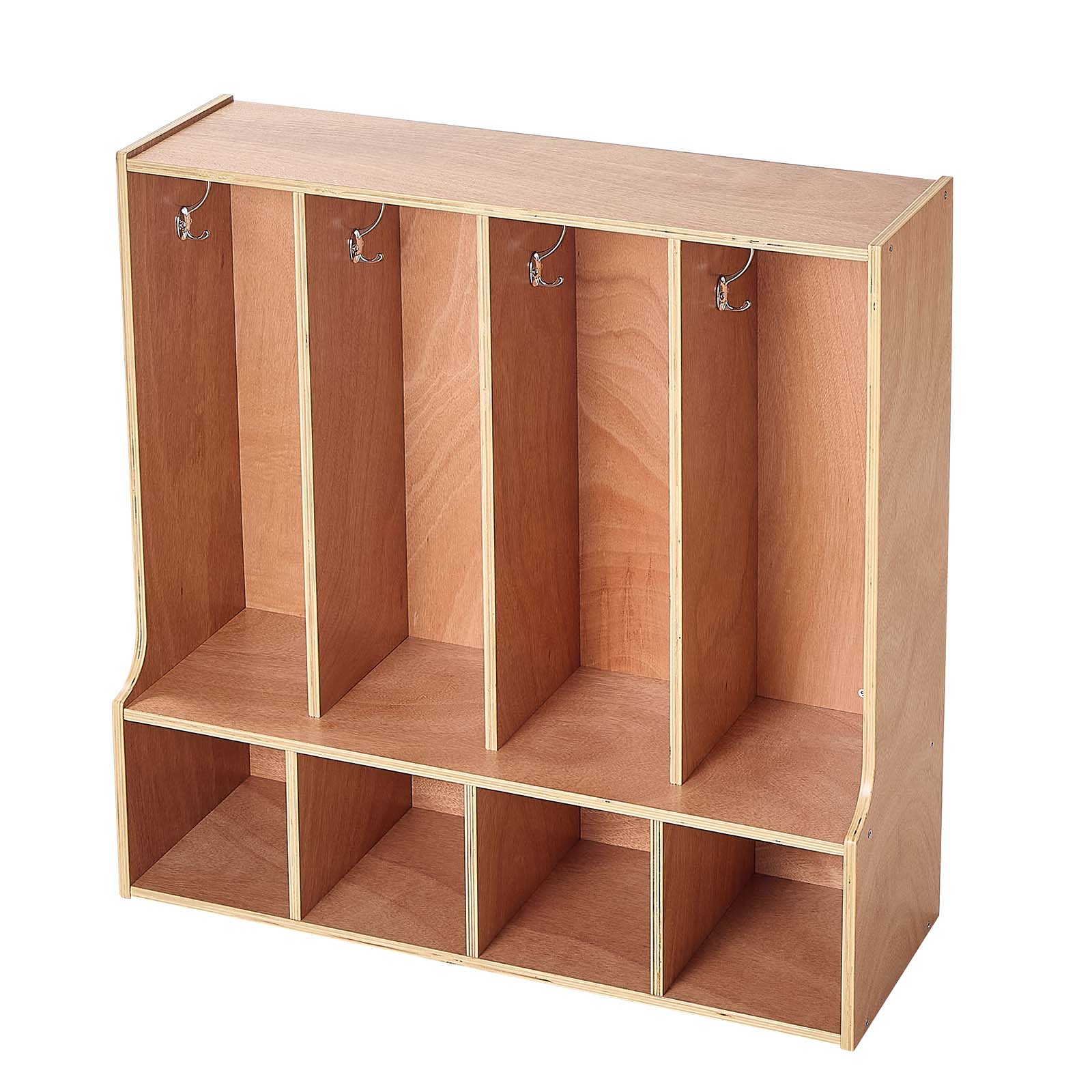 GIVIMO 4-Section Kids Coat Locker with 8 Hooks Wooden Toddler Cubby Storage Organizer with Non-Slip Mat and 4 Open Cubbies for Home Kindergarten and Daycare Natural
