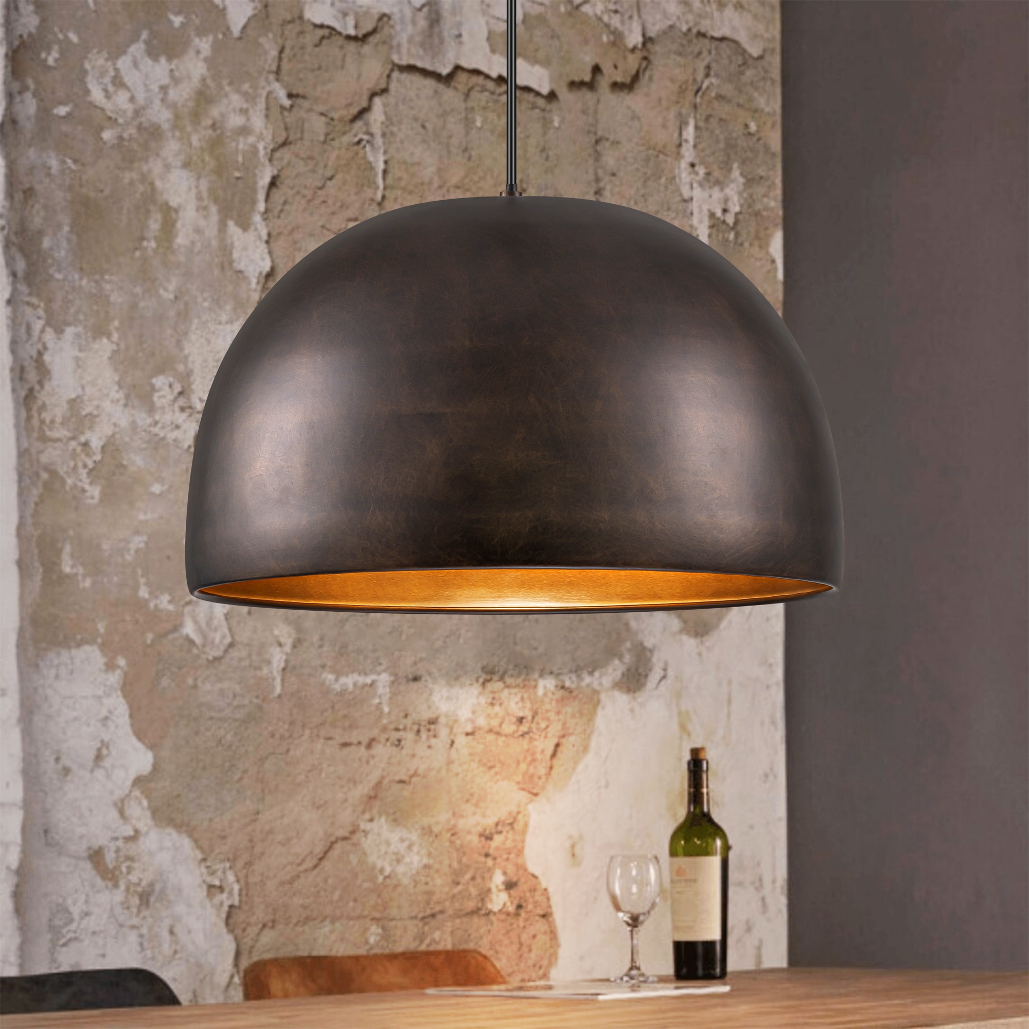 Rennnsan KI810149958 Alfie 1 -Light Vintage Brown Industrial Dome Medium Hanging Pendant light