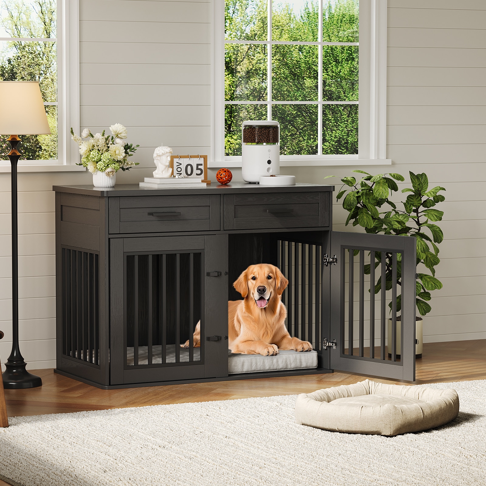 Garvee Heavy Duty Wooden Dog Crate Furniture with Sliding Barn Door and Storage Drawers Indoor Kennel End Table for Medium Large Dogs Black Vertical Stripes