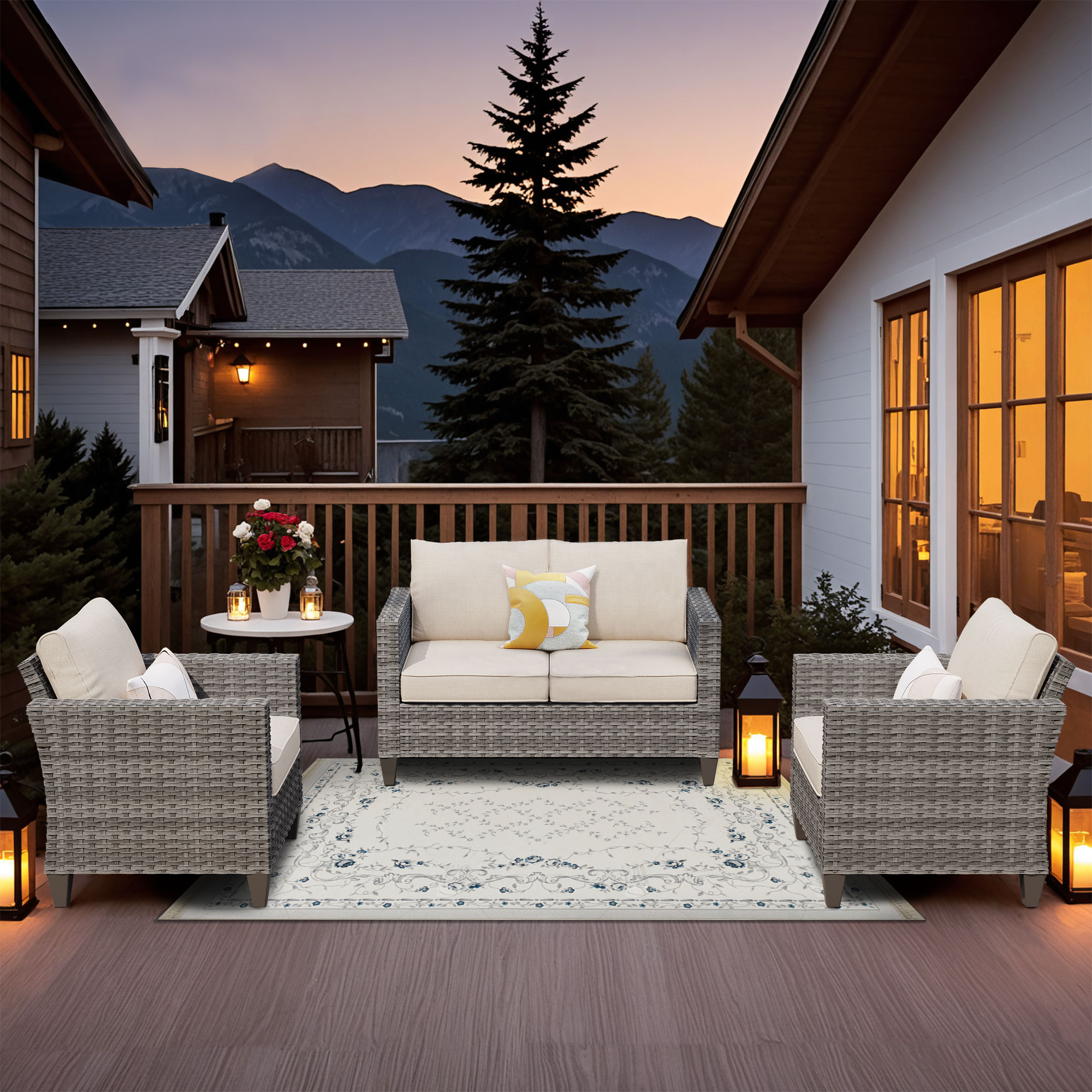 Pouuin SGR603 3 -Piece Wicker Patio Conversation Set with Beige Cushions