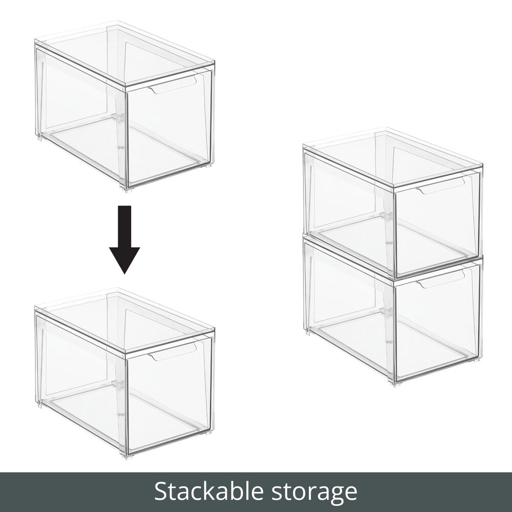 mDesign Plastic Stacking Closet Storage Organizer Bin with Drawer, 4 Pack, Clear