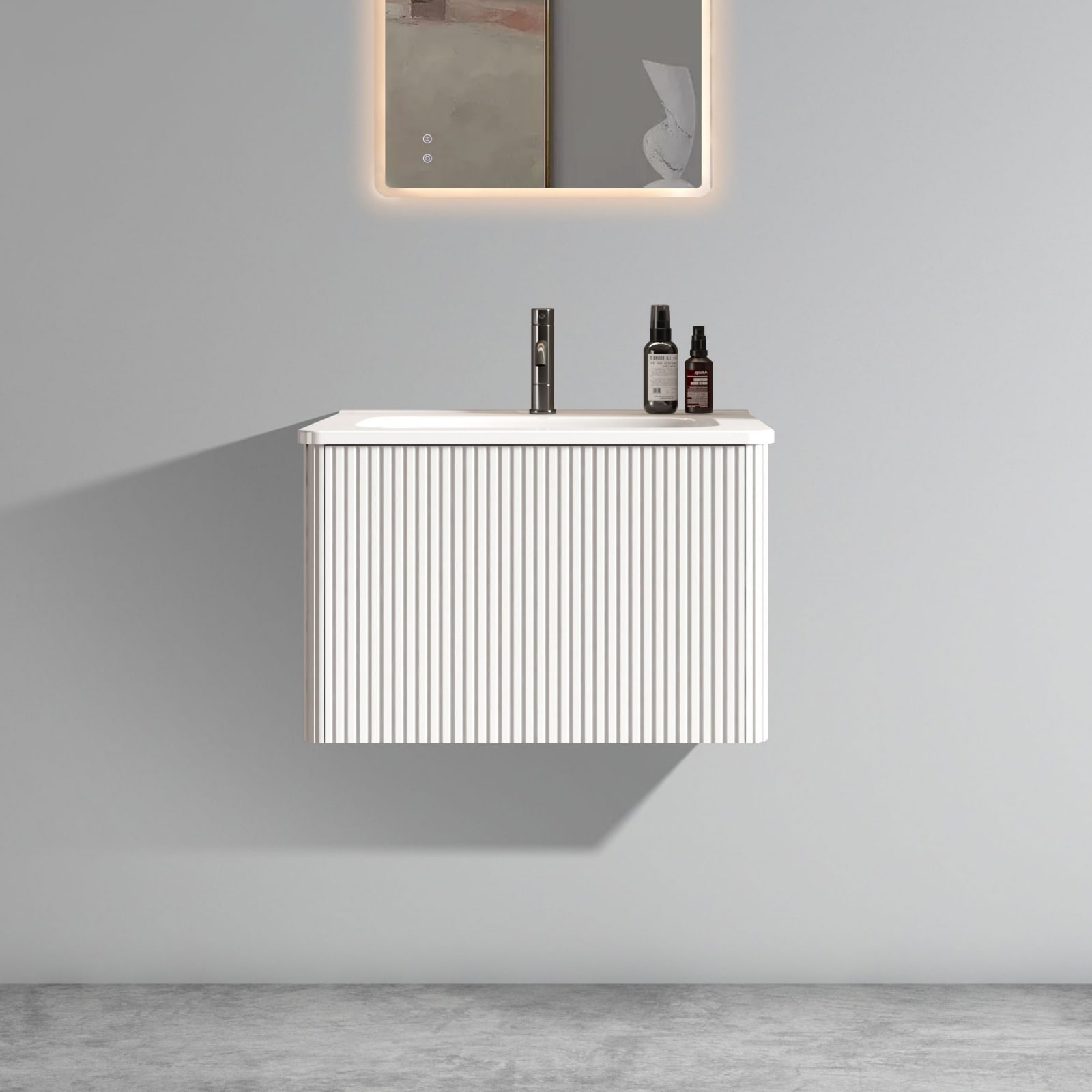Lirago 24 Inch Striped Soft White Bathroom Vanity with White Ceramic Sink Wall Mounted Floating Pre-assembled