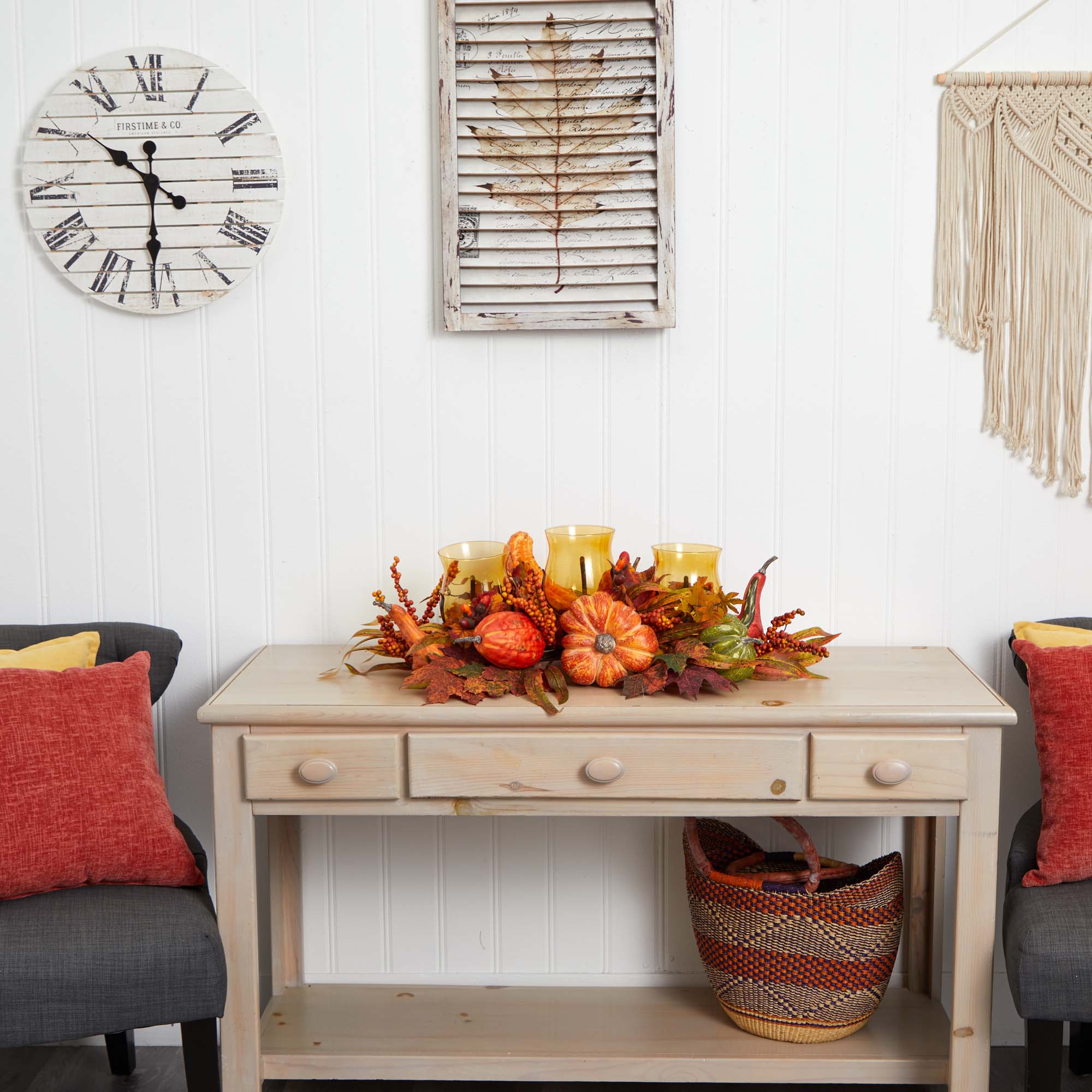 Harvest Triple Glass Candelabrum with Autumn Fruits and Foliage