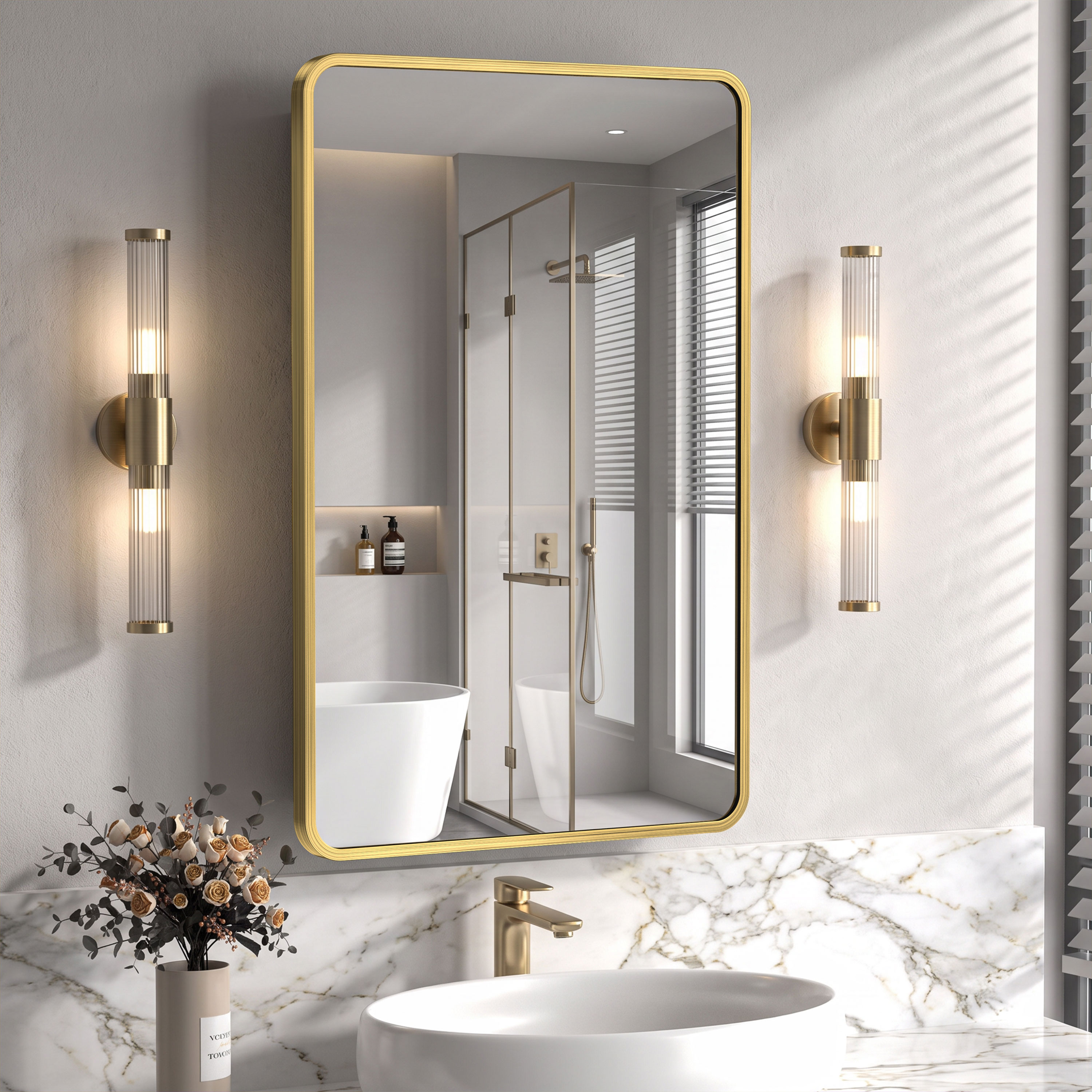 Velusian 16 in. W x 26 in. H Recessed Rectangular Metal Framed Bathroom Bathroom Wall Cabinet with Mirror in Brushed Gold