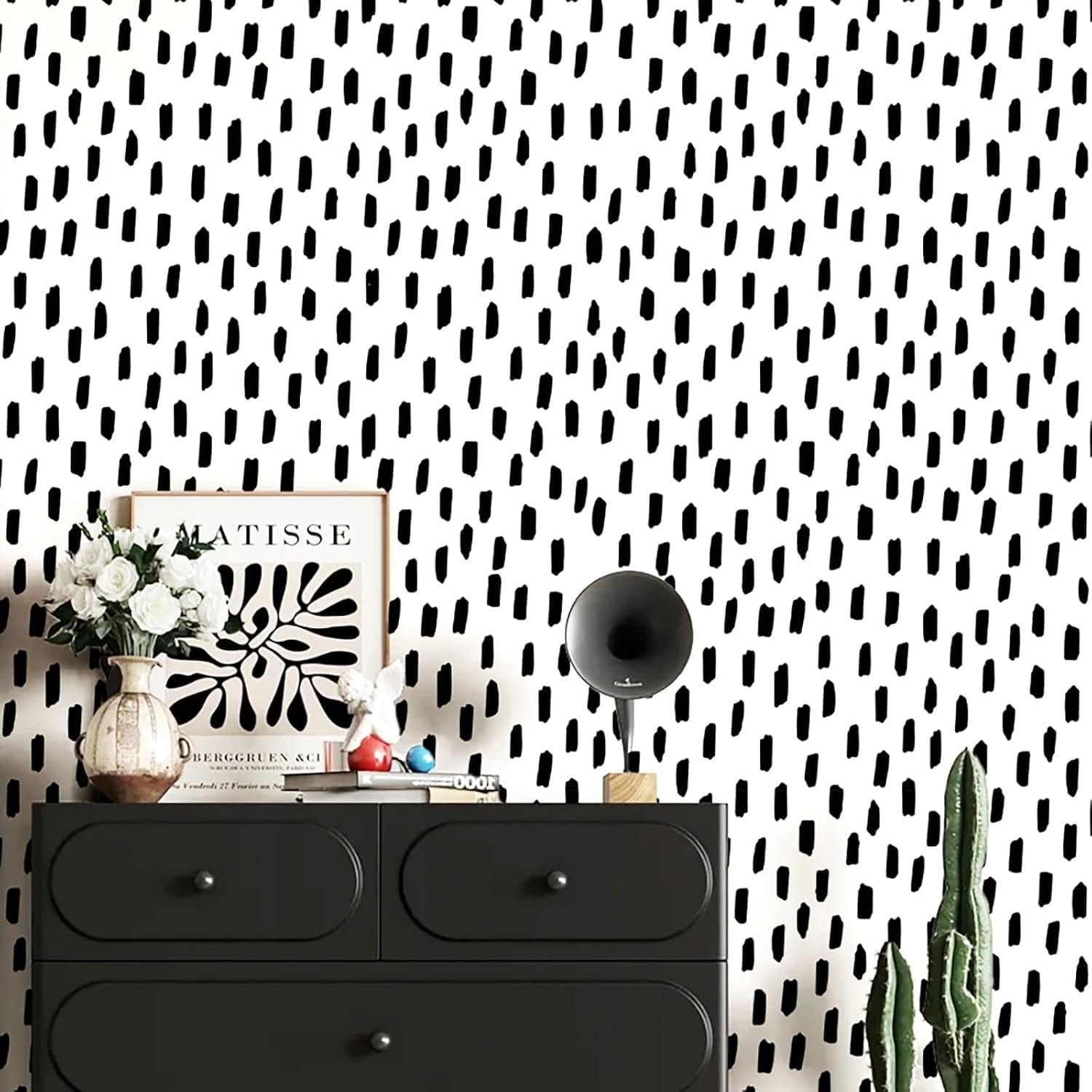 HAOKHOME - Contemporary Polka Dot Wallpaper Peel and Stick Removable Bathroom Wall Decal Black Wh...