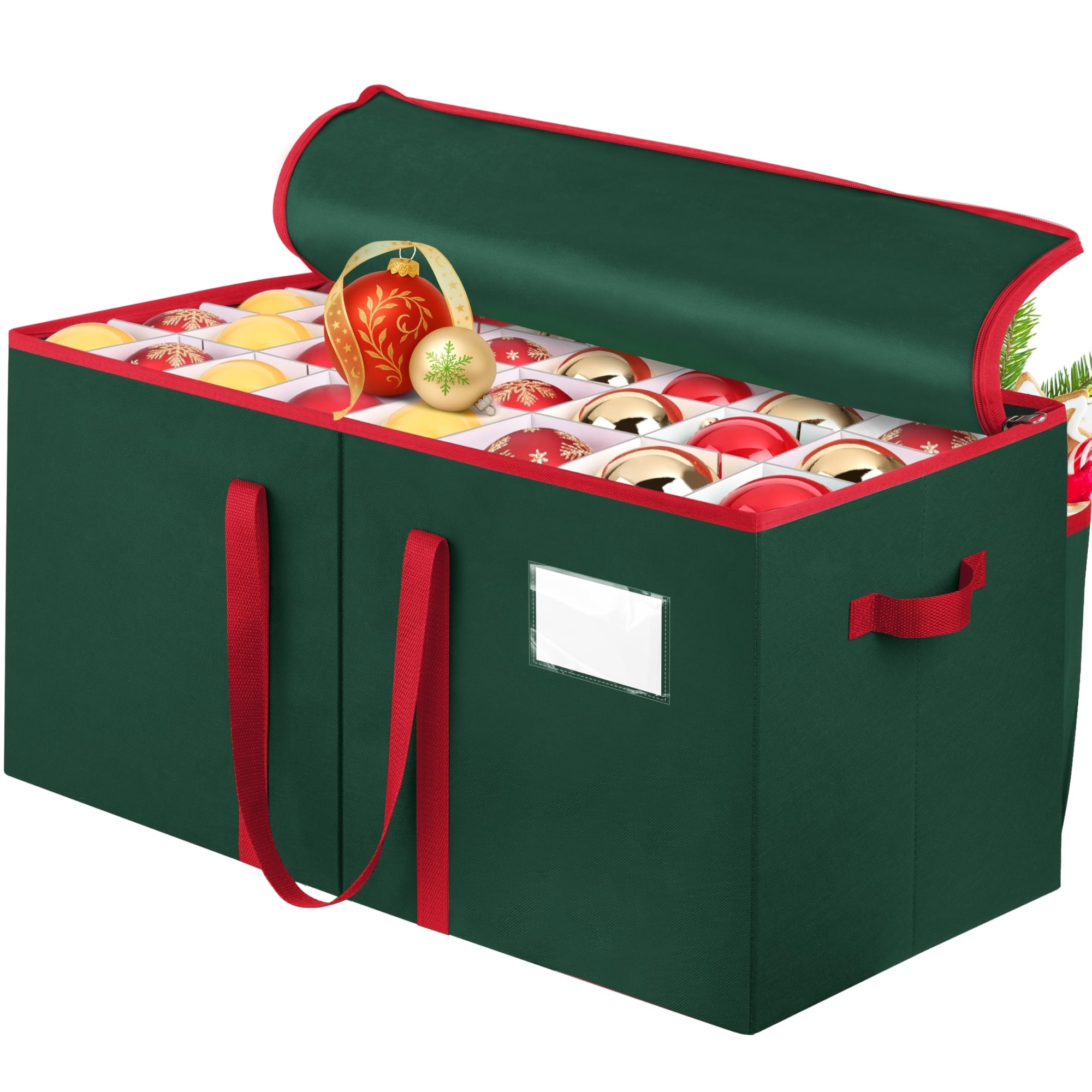 KIWDZFU  Christmas Ornament Storage Box Holds Up to 128 Ornaments Adjustable Dividers Large Green Organizer Bin with Zipper Handles Sturdy