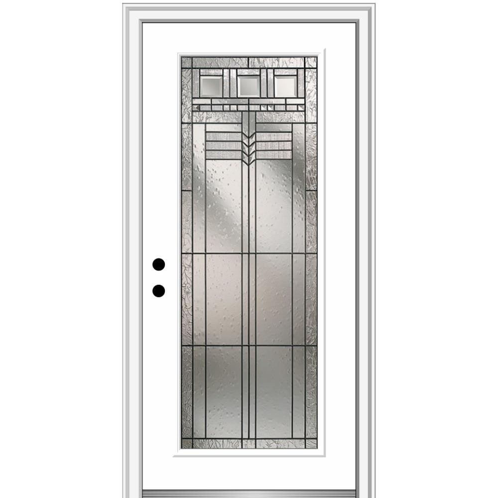 MMI DOOR ZZ3664476R 32-in x 80-in x 6-9/16-in Fiberglass Full lite Right-hand inswing Brilliant White Painted Prehung Front Door with Brickmould Insulating core
