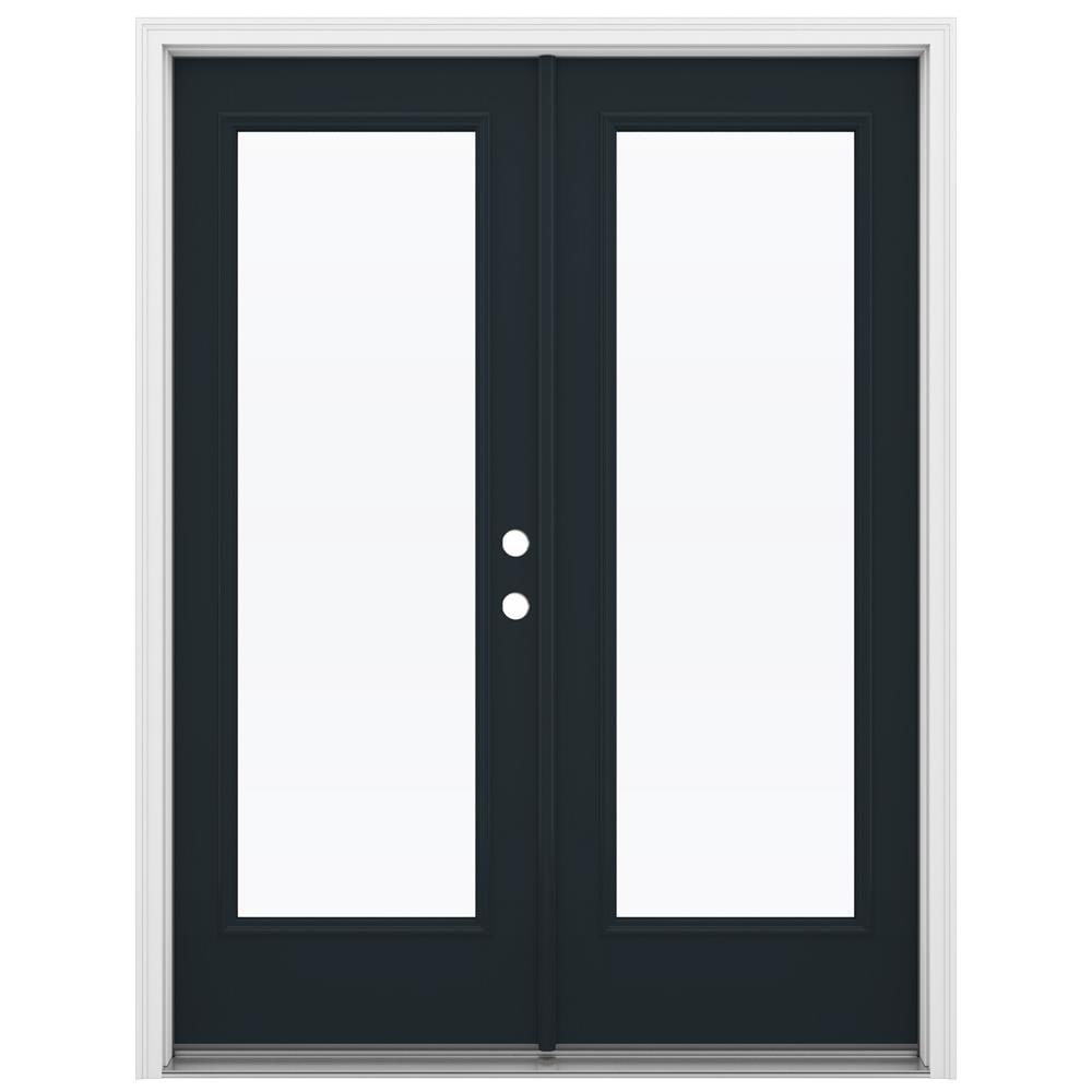 JELD-WEN LOWOLJW235000089 F-3500 60-in x 80-in x 4-9/16-in Jamb Low-E Clear glass , Black Fiberglass Left-hand inswing French Double Patio Door Brickmould Included