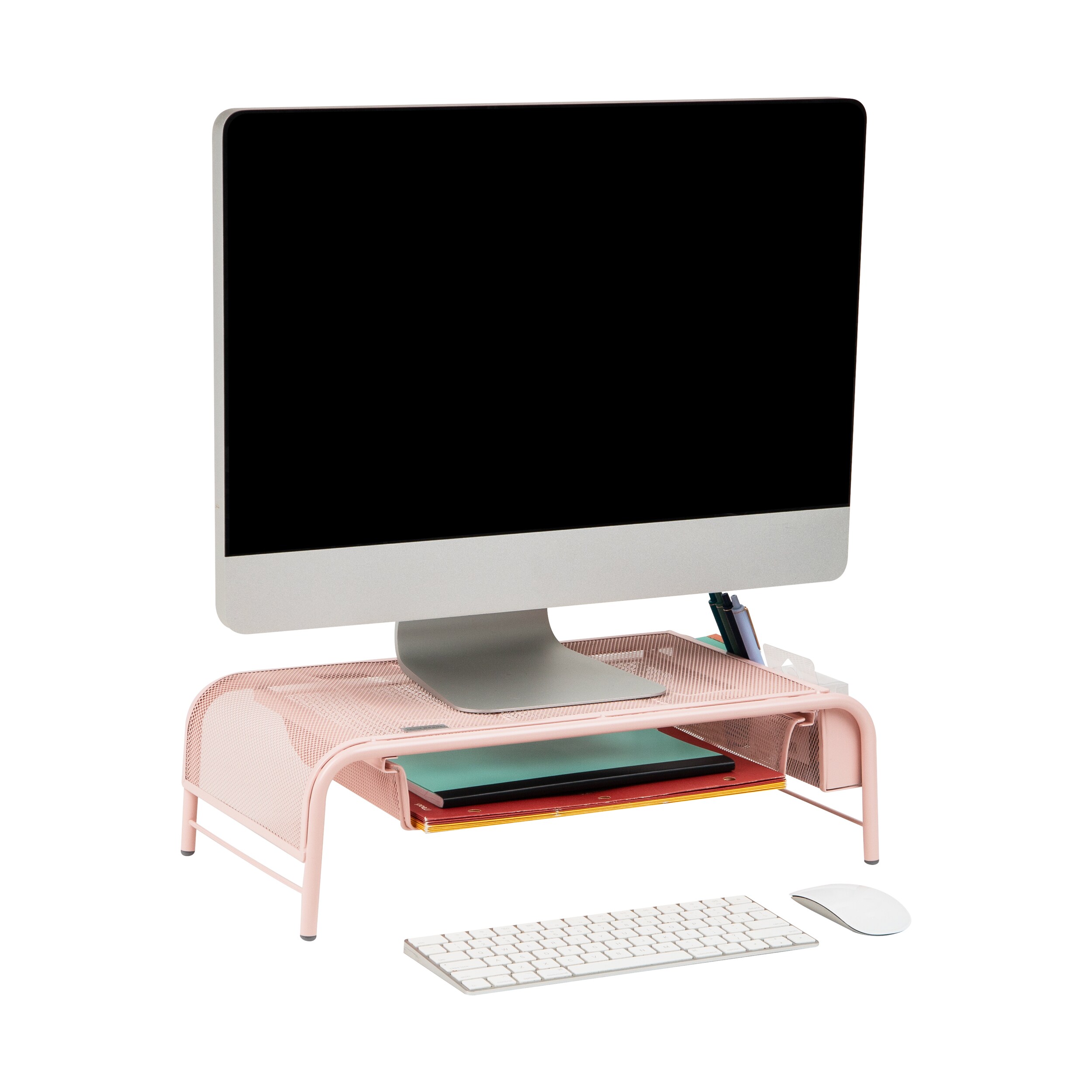 Mind Reader MESHMONSTA-PNK  Metal Mesh Monitor St and Desk Organizer with Drawer, Desktop Monitor Stand Organizer, Pink