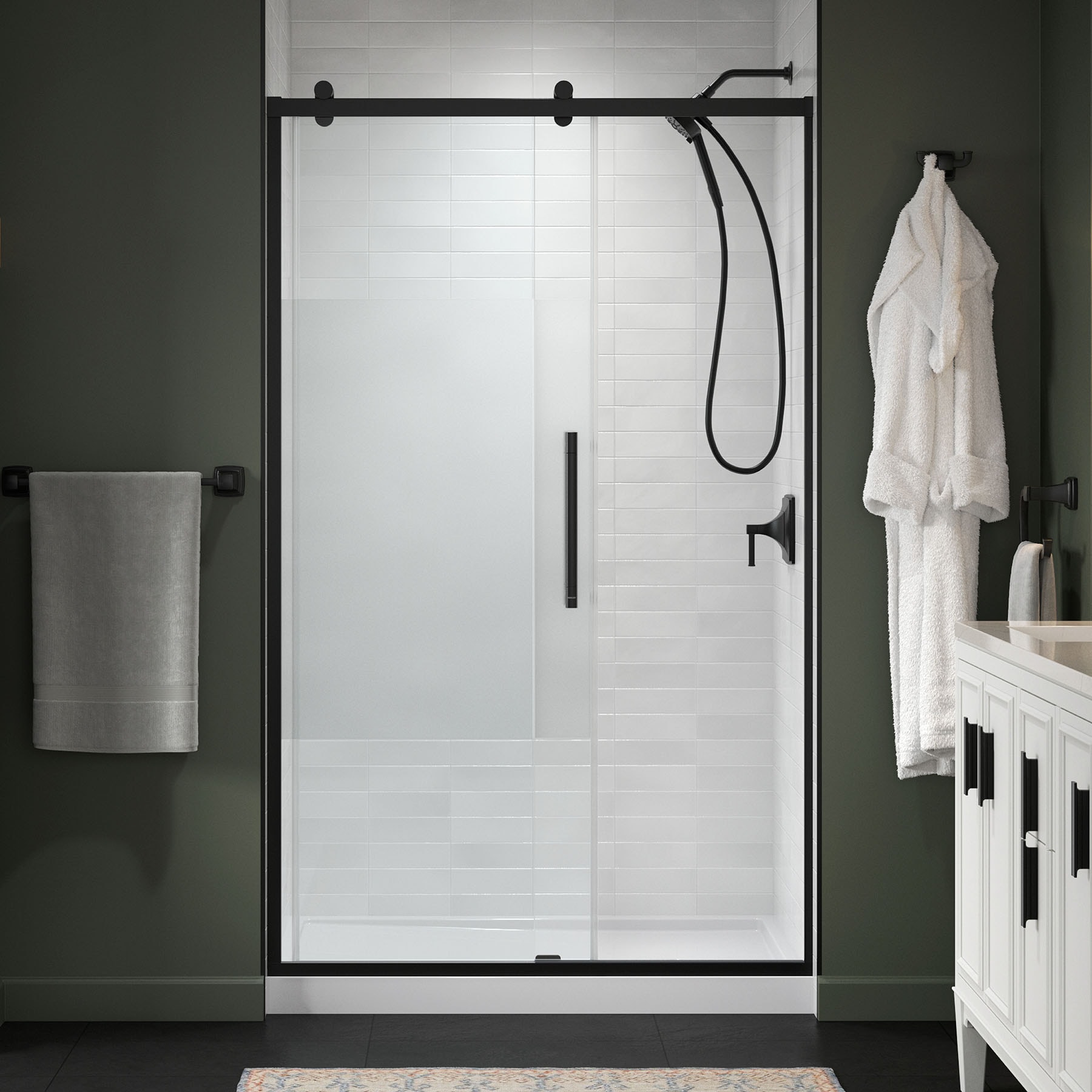 KOHLER 702472-8G81-BL Premise Matte Black 44-in to 48-in W x 76.13-in H Frameless Clear with privacy band Glass Sliding Soft Close Shower door