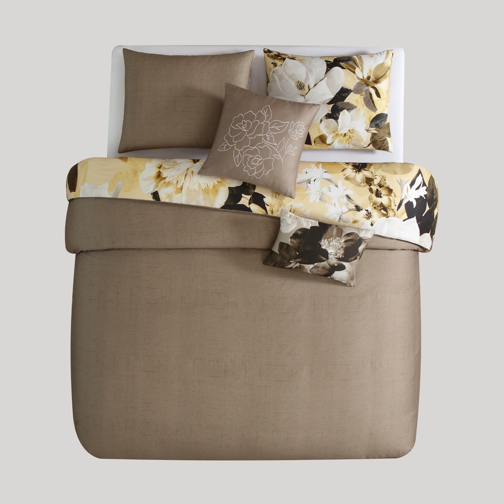 Yellow Magnolia Floral Cotton Queen Reversible Comforter Set