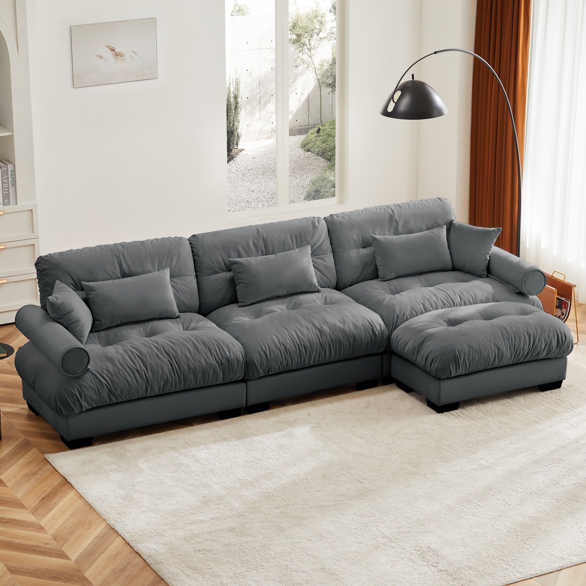 GDFStudio 333044 Vanhorn Velvet 3-Seater Sectional Sofa with Movable Ottoman