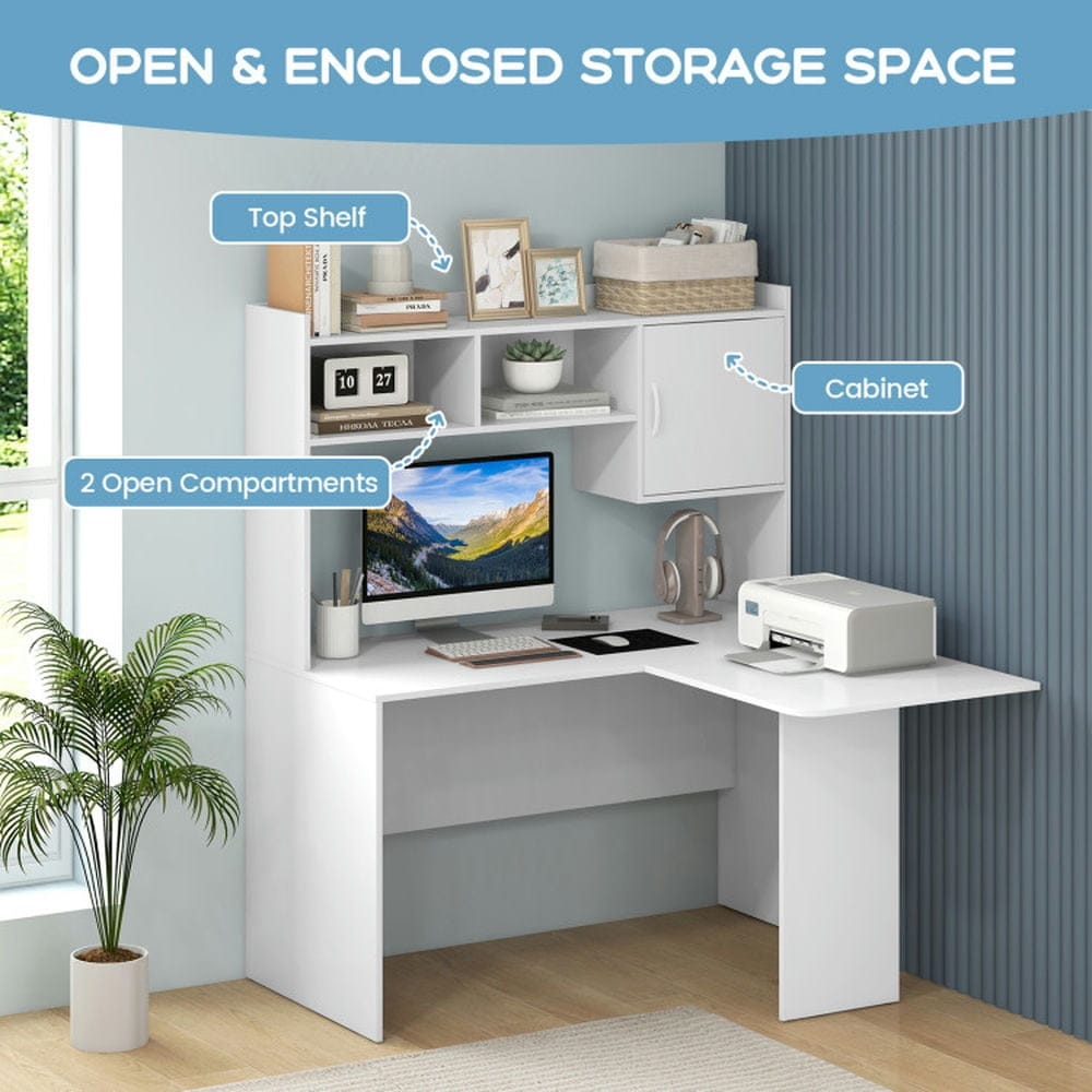 VERYKE L Shaped Corner Computer Desk Open Storage Hutch Closed Cabinet ...